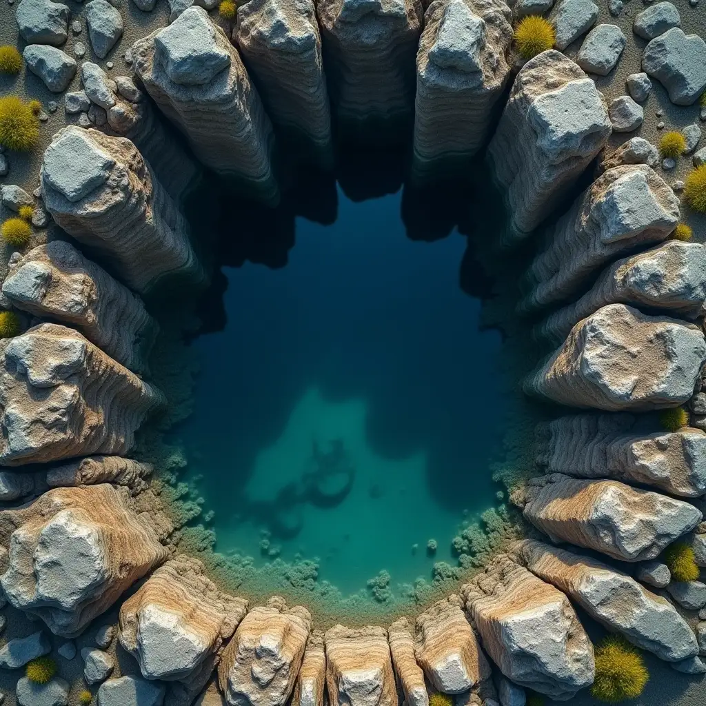 top view of a pit in between very high rocks, the pit is so deep that it looks like a portal to another dimension