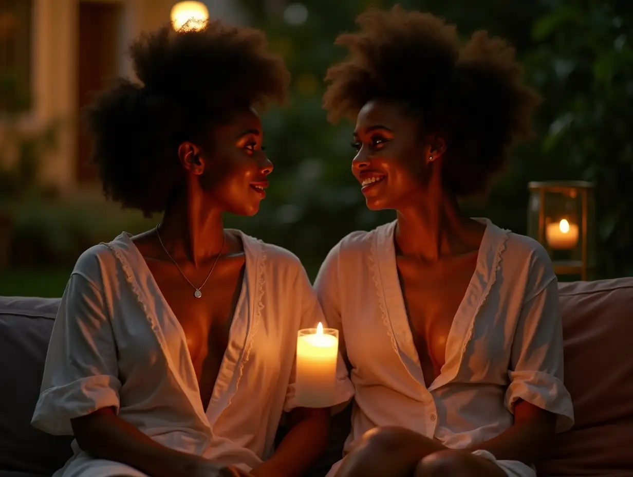 Two-Young-African-Women-Flirting-on-Sofa-in-Garden-at-Night-with-Candlelight