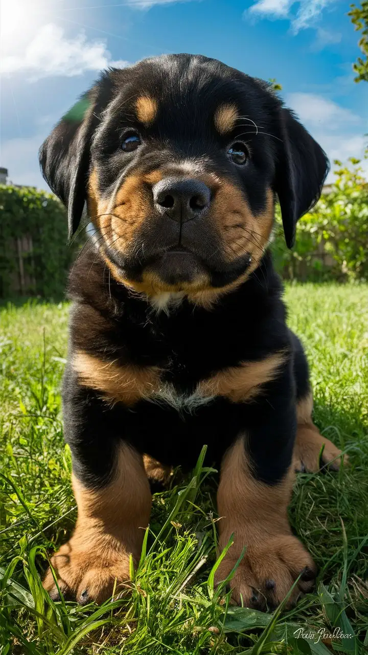 Adorable-Rottweiler-Puppy-Rocky-with-Innocent-Eyes-in-Grassy-Backyard