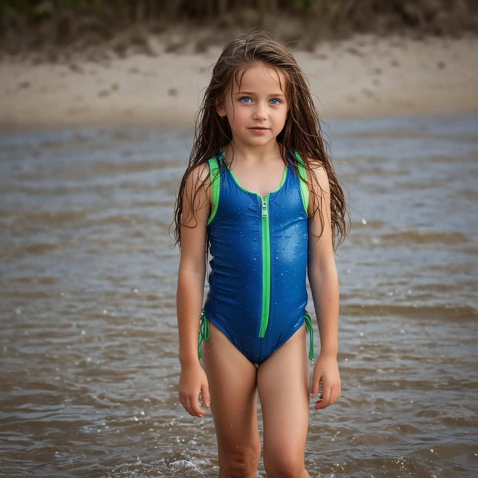 Young-Brunette-Girl-in-Blue-Zipper-Front-Bathing-Suit-Full-Body-Portrait-in-Water