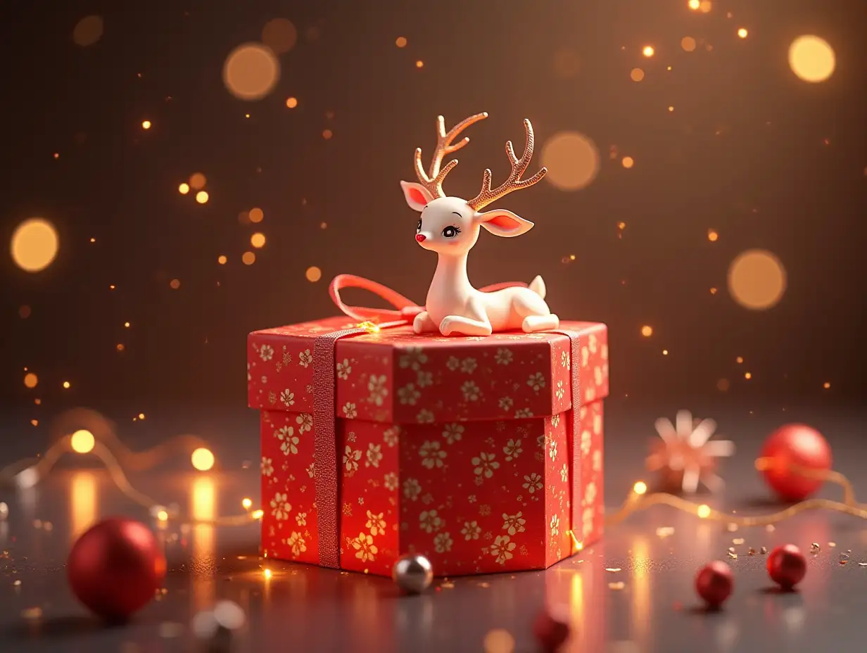 a hexagonal gift box, a cute deer in a side, shine, glow, highly details, 128k, uhd, highly detailed, highly sharp, clear, clean line, artistic, eye-catching, very attractive, 128k uhd