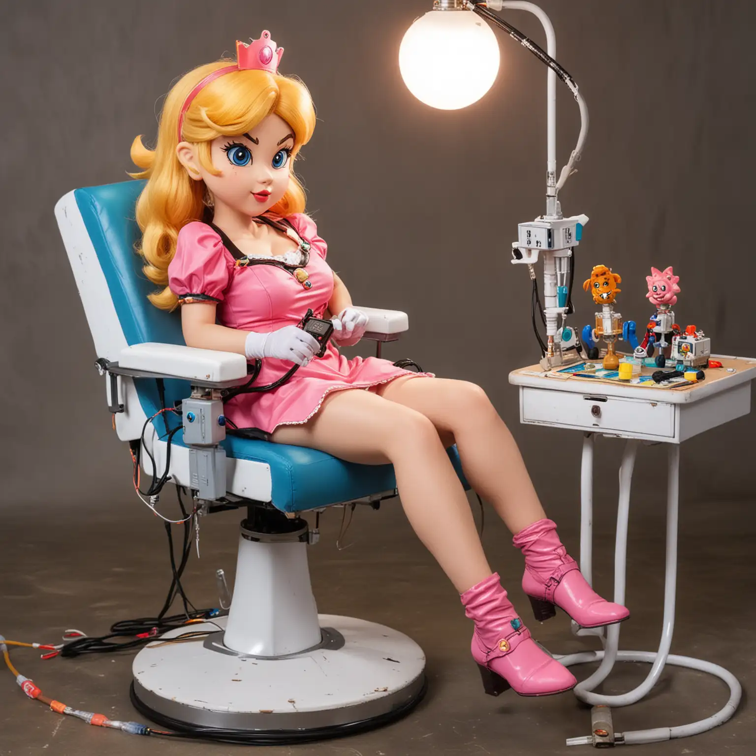 Hysterical Princess peach sitting on a doctors chair, doctor bowser with switch . chair is attached to machine with electrical wires and lightbulbs.