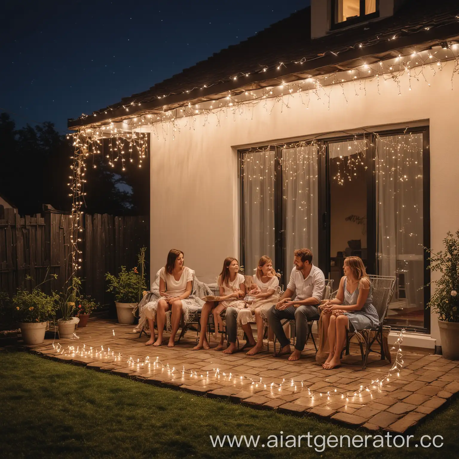 summer, night, a family is sitting on the terrace, an LED fringe garland is hanging on the roof of the house