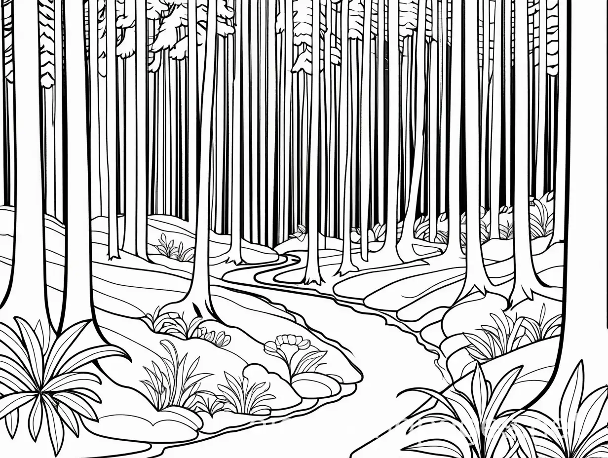 thick forest , Coloring Page, black and white, line art, white background, Simplicity, Ample White Space. The background of the coloring page is plain white to make it easy for young children to color within the lines. The outlines of all the subjects are easy to distinguish, making it simple for kids to color without too much difficulty