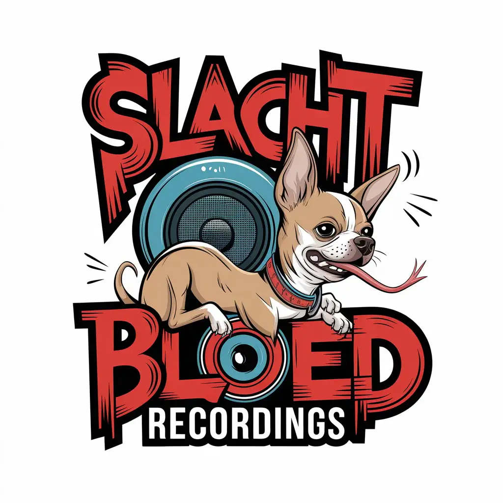 LOGO Design for Slacht Bloed Recordings Chihuahua with Snake Tongue and Speaker in O with Clear Background