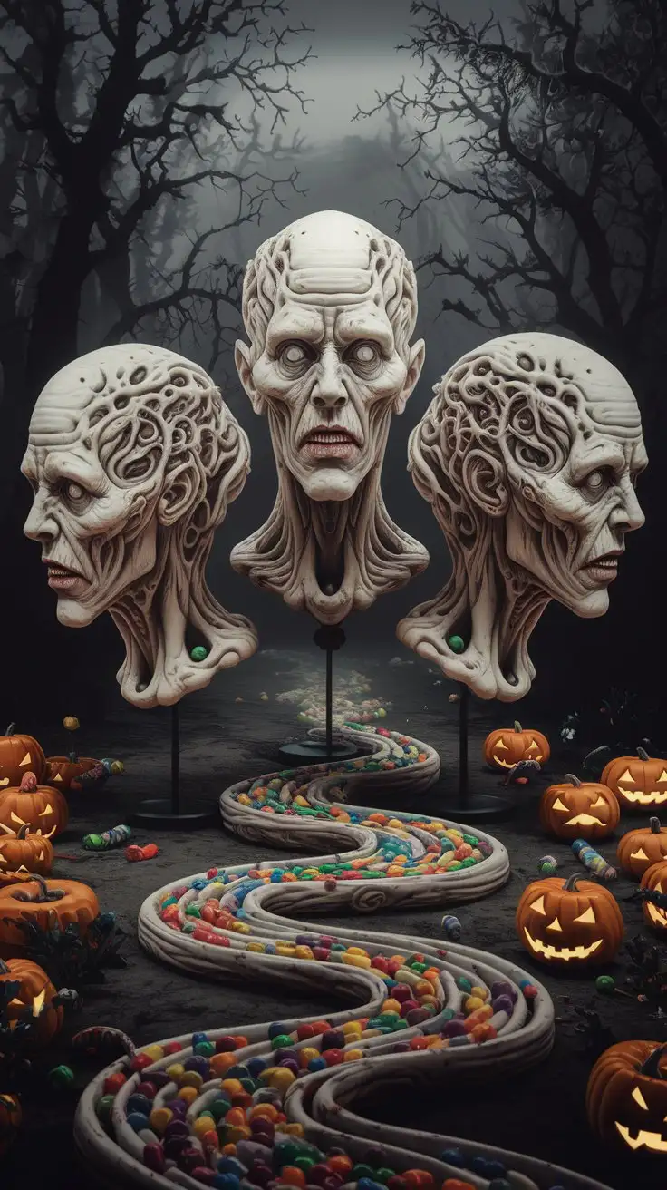 Surrealist Ivory Abstract Horror Featuring Intricate Human Heads for Halloween