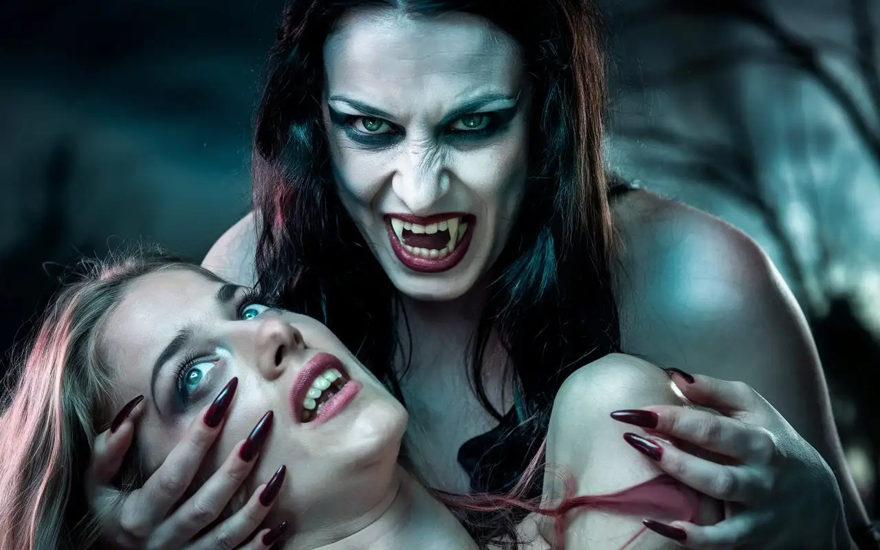 On the foreground dominates a vampire woman. She has long dark hair, pale skin and piercing green eyes. Her teeth are sharp, her fangs visible, accentuating her vampire nature. Make-up is noticeable on her face, highlighting her features and making her gaze more intimidating. She has long red nails. In the hands of the vampire woman is another woman, her prey. The victim has light hair with a pink tint. She looks frightened and helpless. The general background of the image is dark and ominous, creating an atmosphere of horror and tension.