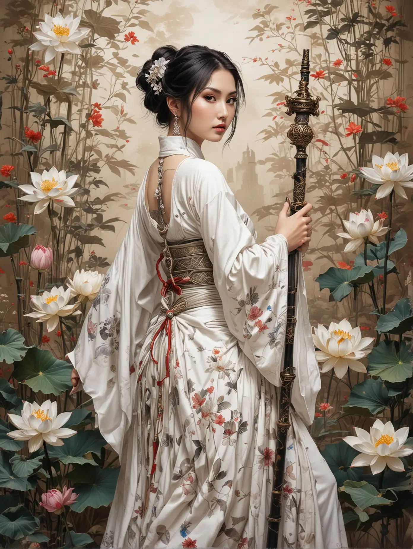 Eye level view, beauty maria ozawa, wearing white medieval dress outfit costume holding magical staff, ancient Japan ink painting, vintage scrolls, Ukiyo-e art mixture with Cubism art, colorful, gorgeous, dynamic battle pose position, lotus flowers, large watch, vines, chinese culture symbols