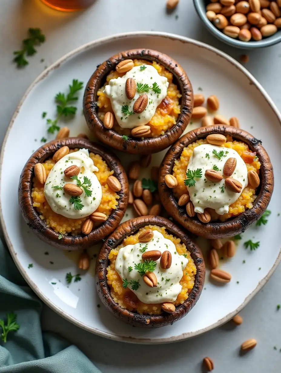 A lovely plate of large mushroom caps stuffed with pine nuts and feta cheese.  Over head shot.