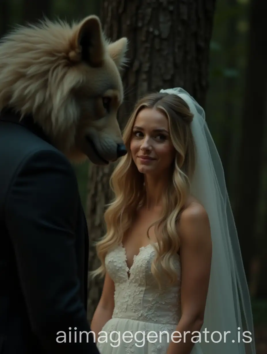 Beautiful young bride in a wedding dress with big beautiful eyes but a tearful smile, as she is tied under a tree on Halloween night. A werewolf in a suit looks at her lovingly from a distance. Background - forest, Halloween. Blonde wavy hair, mood, motion, in frame, glitter, best quality