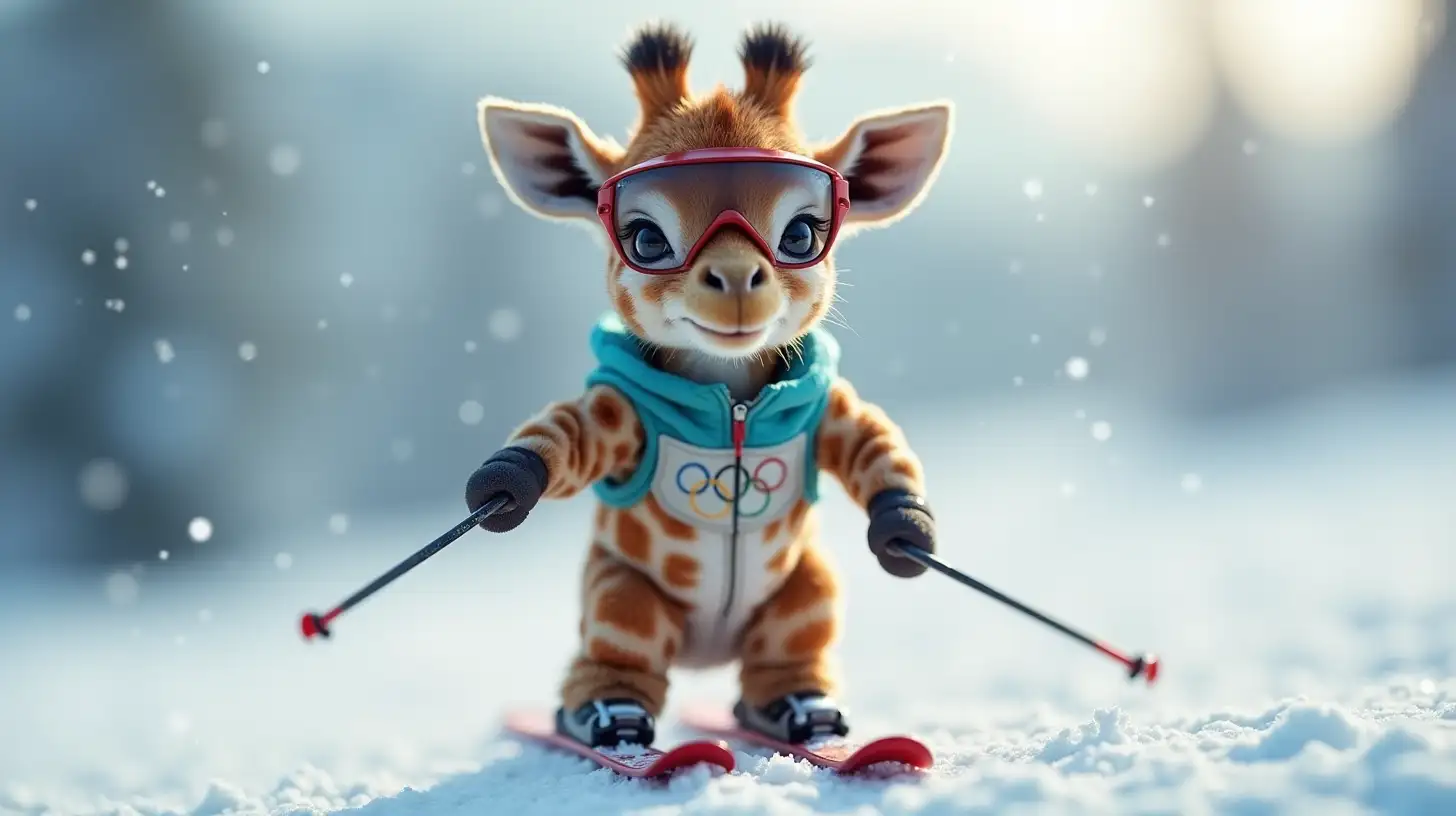 small baby Giraffe with glasses dressed as a skier in Olympic Games