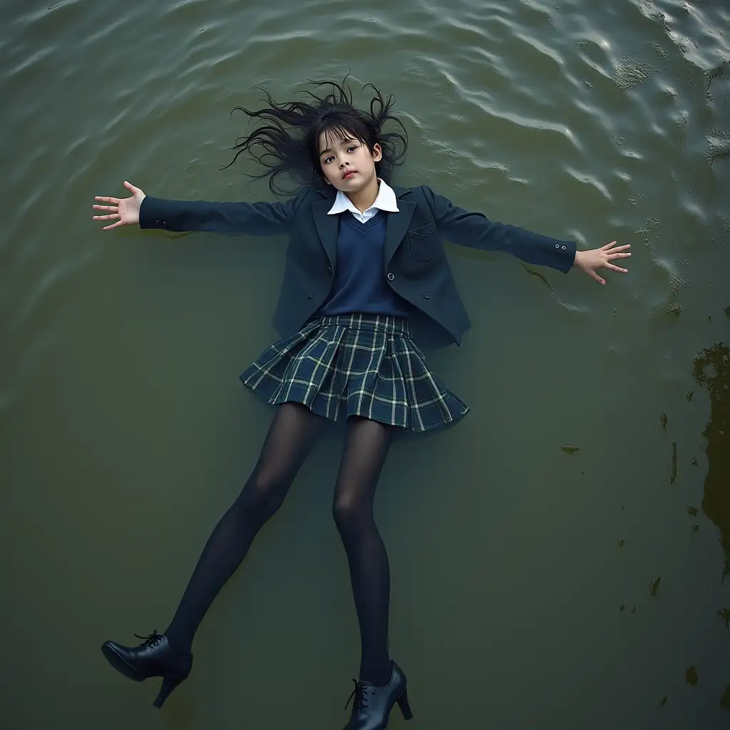 A young schoolgirl in a school uniform, with a skirt, jacket, blouse, dark tights, high-heeled shoes. Swims in a dirty pond. Lies underwater. In water up to her neck. The whole body is under water. Immersed in water. Under the water surface. Below the water surface. The entire clothing completely wet. Clothes soaked through. No dry spots on clothes. Wet clothes stick to the body.