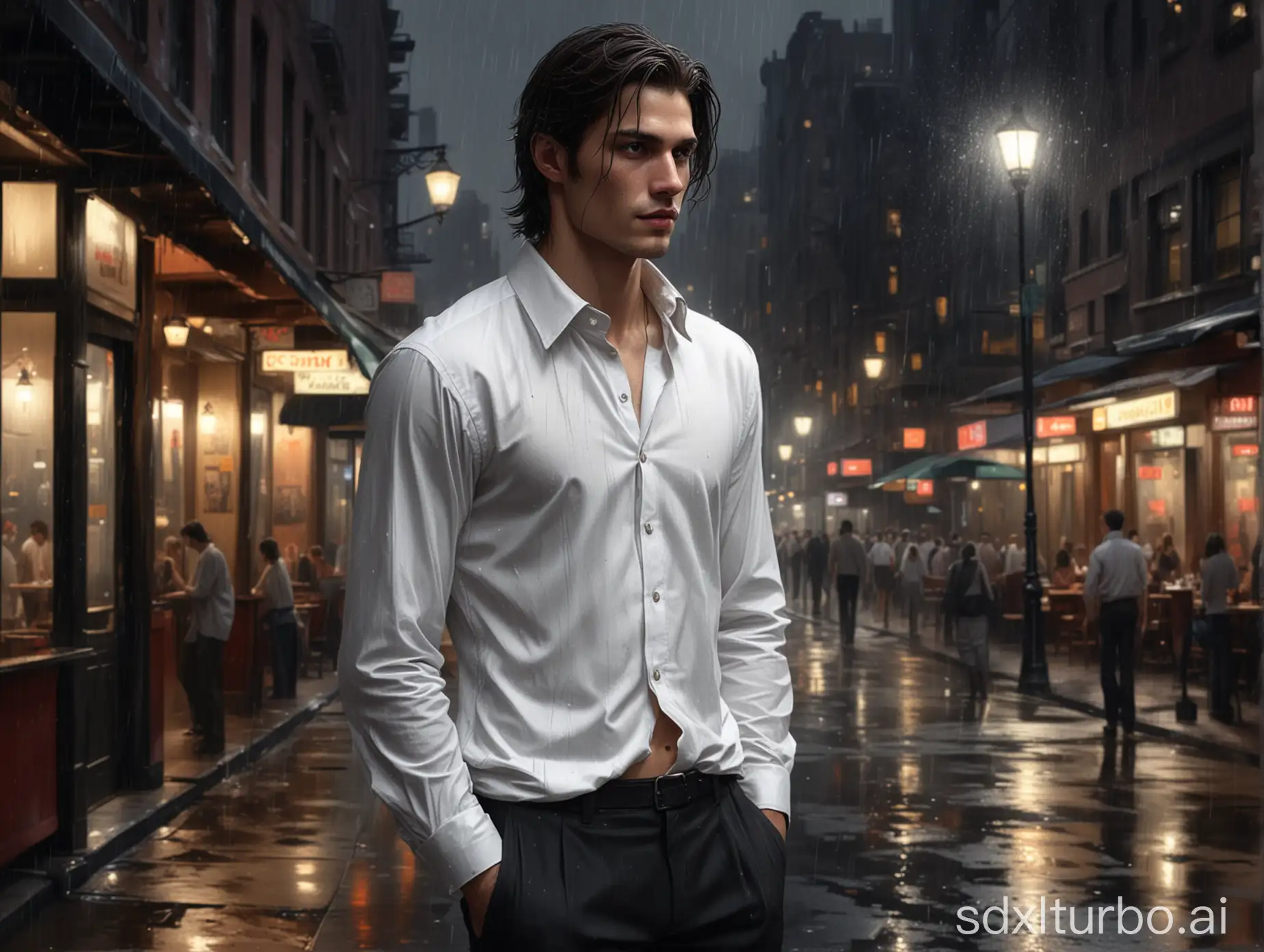 Handsome-Young-Man-Walking-in-Rainy-New-York-Night-1930s-Street-Scene