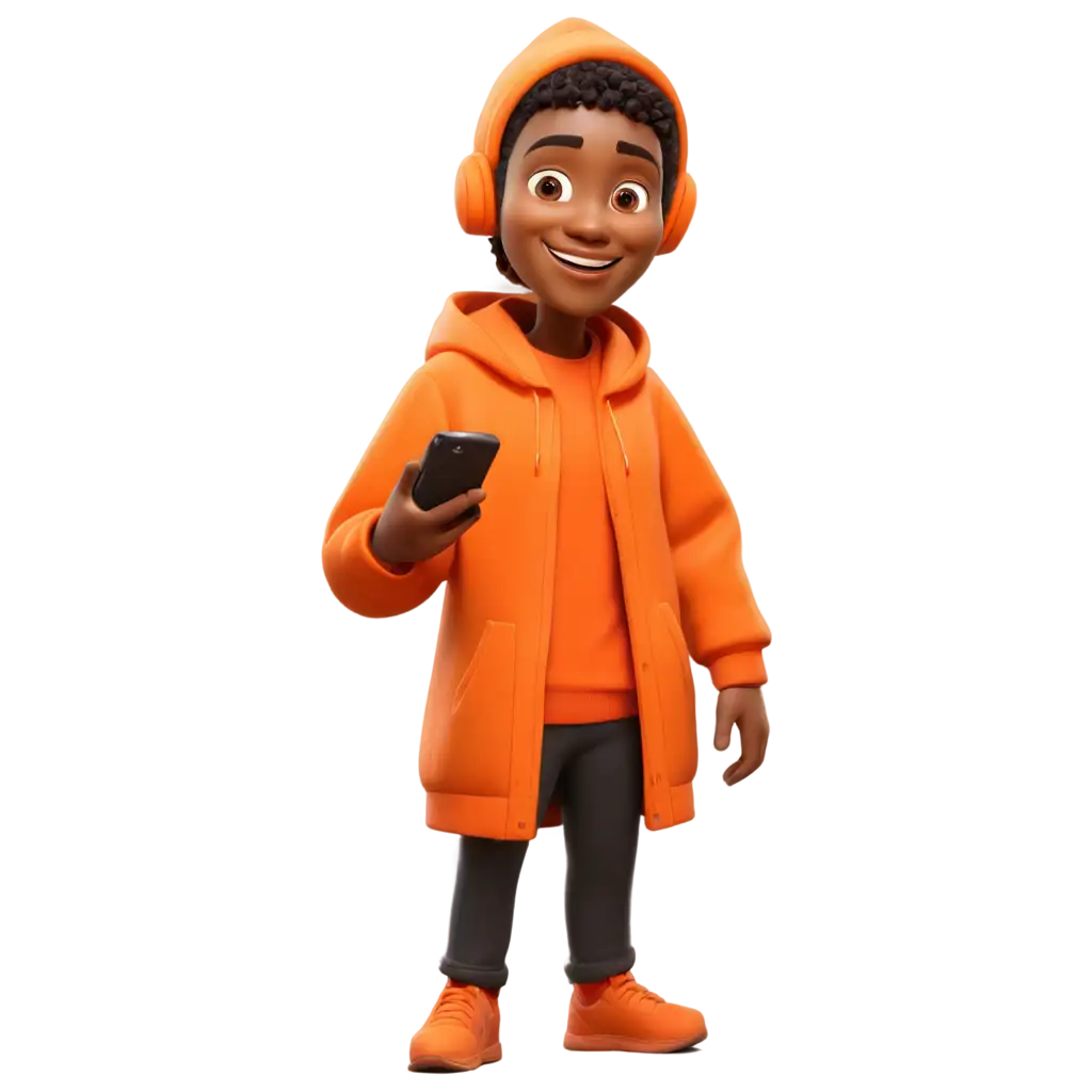 HighQuality-PNG-Image-3D-Cartoon-Character-in-Orange-Coat-with-Cellphone