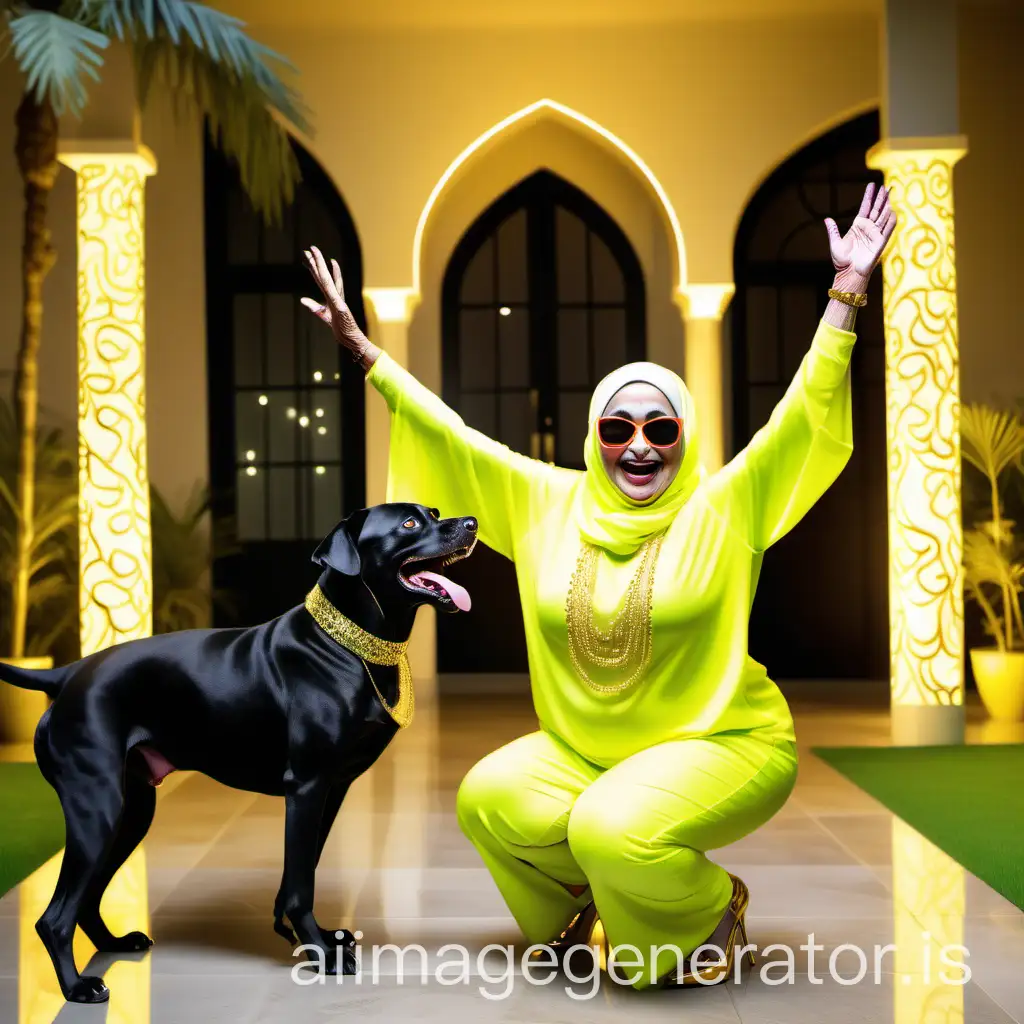 Elderly-Muslim-Woman-Exercising-with-a-Dog-in-Luxurious-Garden-at-Night