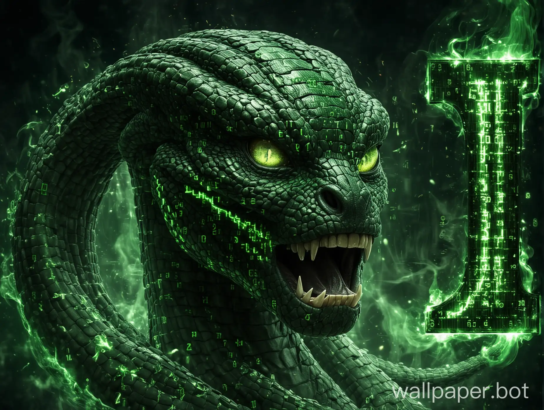 Furious Cobra with green eyes raising from green flame with a dark shady background of binary numbers in digital form. The background has the number 'XIII'.