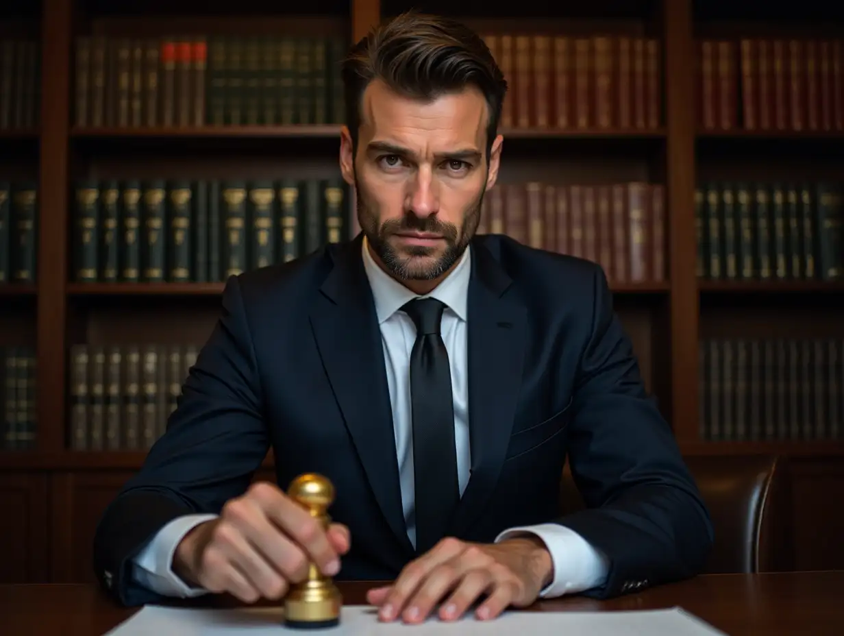 A hyper-realistic image of a professional male official wearing a sharp business suit, seated at a desk in a sophisticated office. The background features a well-organized bookshelf filled with legal books, emphasizing a law office setting. The official is in the act of stamping an important document on the desk in front of them, their expression serious and focused. The lighting highlights their authority and professionalism, conveying a sense of importance, competence, and dedication to their work. Important is reality of act of stamping.