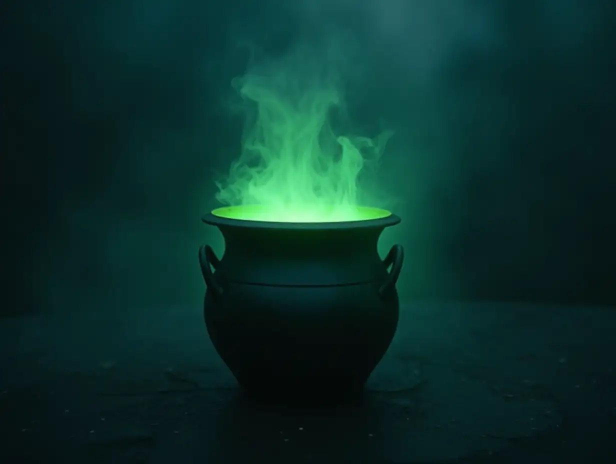 Cauldron with green glowing potion isolated on a dark foggy background. Vertical photo