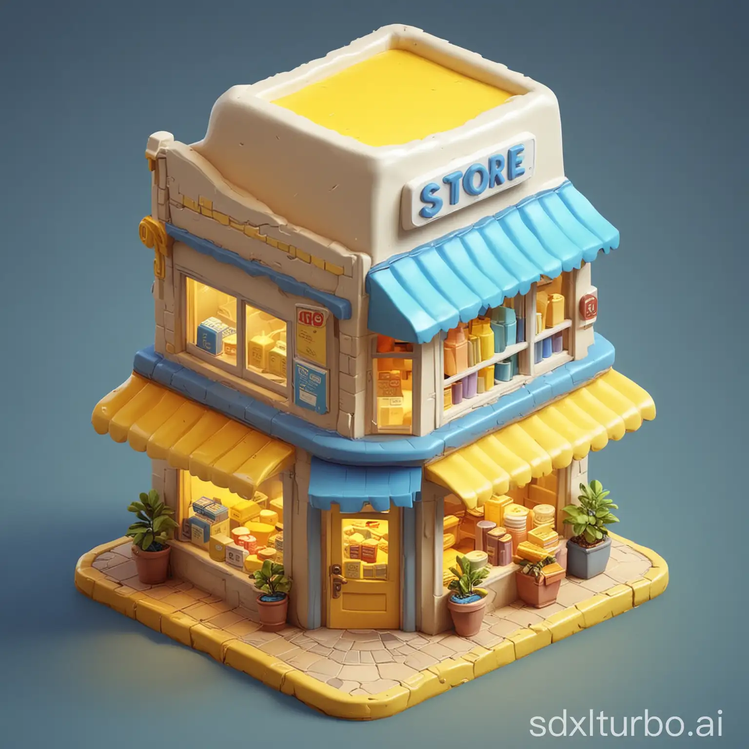 A store 3D icon, cartoon, clay, cute， glossy, smooth, glossy, blue, yellow, gradient, white background, highest detail, isometric view, HD, style expression --niji 6