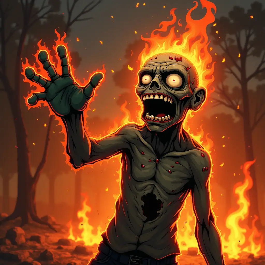 Zombie waving hello. Zombie on fire crying. Zombie on fire yelling.