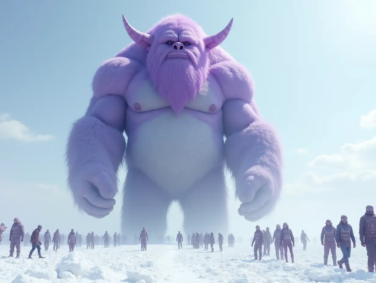 Create for me a 20 meter Android Titan Troll in purple and white in a vast snowy desert with many people