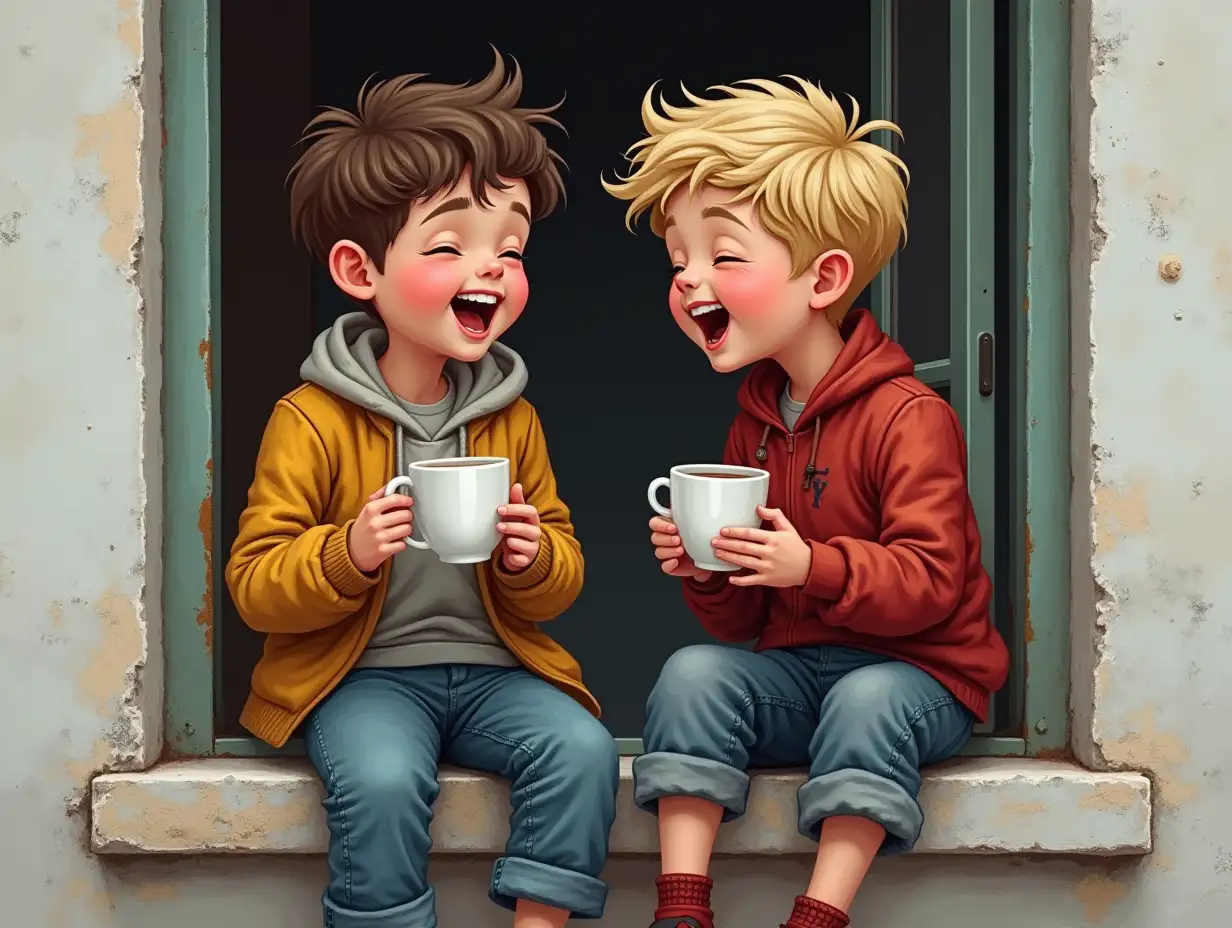 Two boys on the window, laughing and drinking tea, having fun