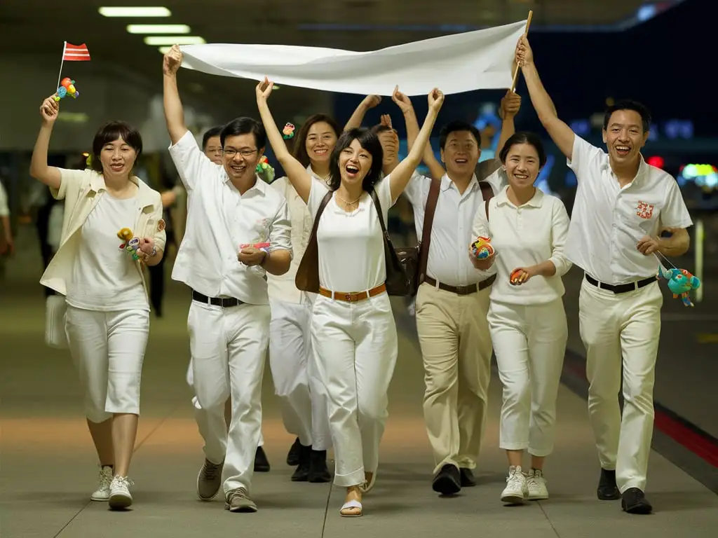 7 people are holding a banner at the airport arrival station, three people are holding the banner, 2 people are holding small dolls, and the other 2 are holding small flags. They are wearing white clothes and smiling at the camera