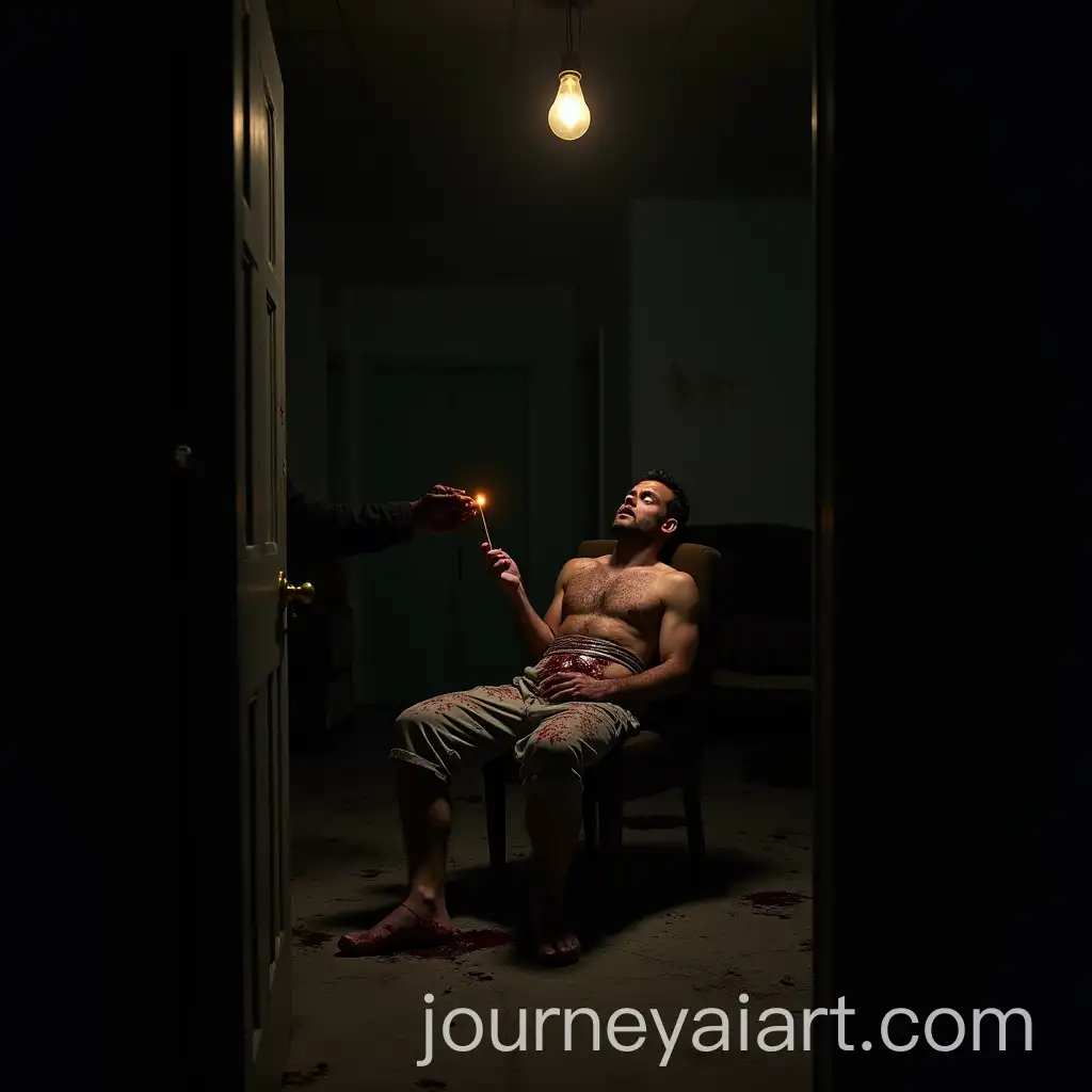 Bloodied-Man-Tied-to-Chair-in-Abandoned-Room-with-Flickering-Lightbulb-and-Shadowy-Figure