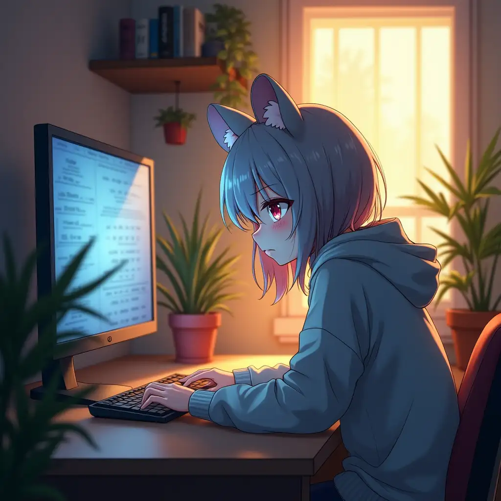 (masterpiece) (anime style) (highly detailed) (8K resolution) (cinematic lighting) (50mm lens) An anime-style scene of a tired girl with gray hair and round mouse ears, wearing a cozy hoodie, sitting at her desk and using a PC. She is leaning forward, her face close to the screen, with an expression of exhaustion and focus. The soft glow from the monitor reflects on her face, adding a subtle blue hue to her tired red eyes. The room is warmly lit by the gentle morning light filtering through a nearby window, creating a comfortable and peaceful atmosphere. The tidy desk is surrounded by plants, adding a natural, calming touch to the environment. The golden morning light mixes with the cooler tones from the computer screen, creating a balanced and soothing color palette. Cinematic lighting enhances the depth and mood, with shadows softly highlighting the textures of her hoodie and the gentle curves of her mouse ears. The perspective is slightly angled, capturing the girl’s focused posture, the PC setup, and the serene ambiance of the room. The overall scene is rich in detail, from the anime-style linework to the intricate textures and the interplay of warm and cool lighting, ensuring a visually engaging and immersive image.