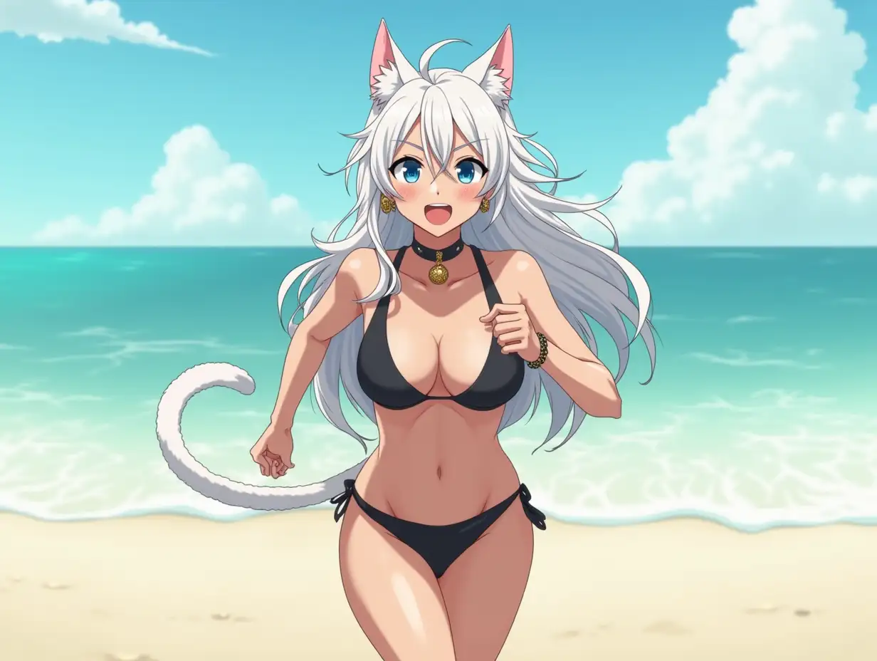 A mature adult feline/woman active running down a beach. Her 30-something years are disguised by her youthful facial features, except for her subtle wrinkles around the eyes, extremely slender body. Her ample bosom strains against her bikini, extreme cleavage.  Wearing black shoes. She has piercing blue cat eyes. A choker adorns her neck, a subtle hint at her feline nature. Her long, white hair cascades down her back like a wild waterfall, tangled and disheveled. Her cat-like teeth glint in the light, as her white fur-lined ears punctuate her visage with sparkling black and gold earring adorns each ear, adding a touch of elegance to her feline features. Cat whiskers on her face. The attached tail at the base of her spine stirs lazily.  Long fingernails. Full view. Anime.