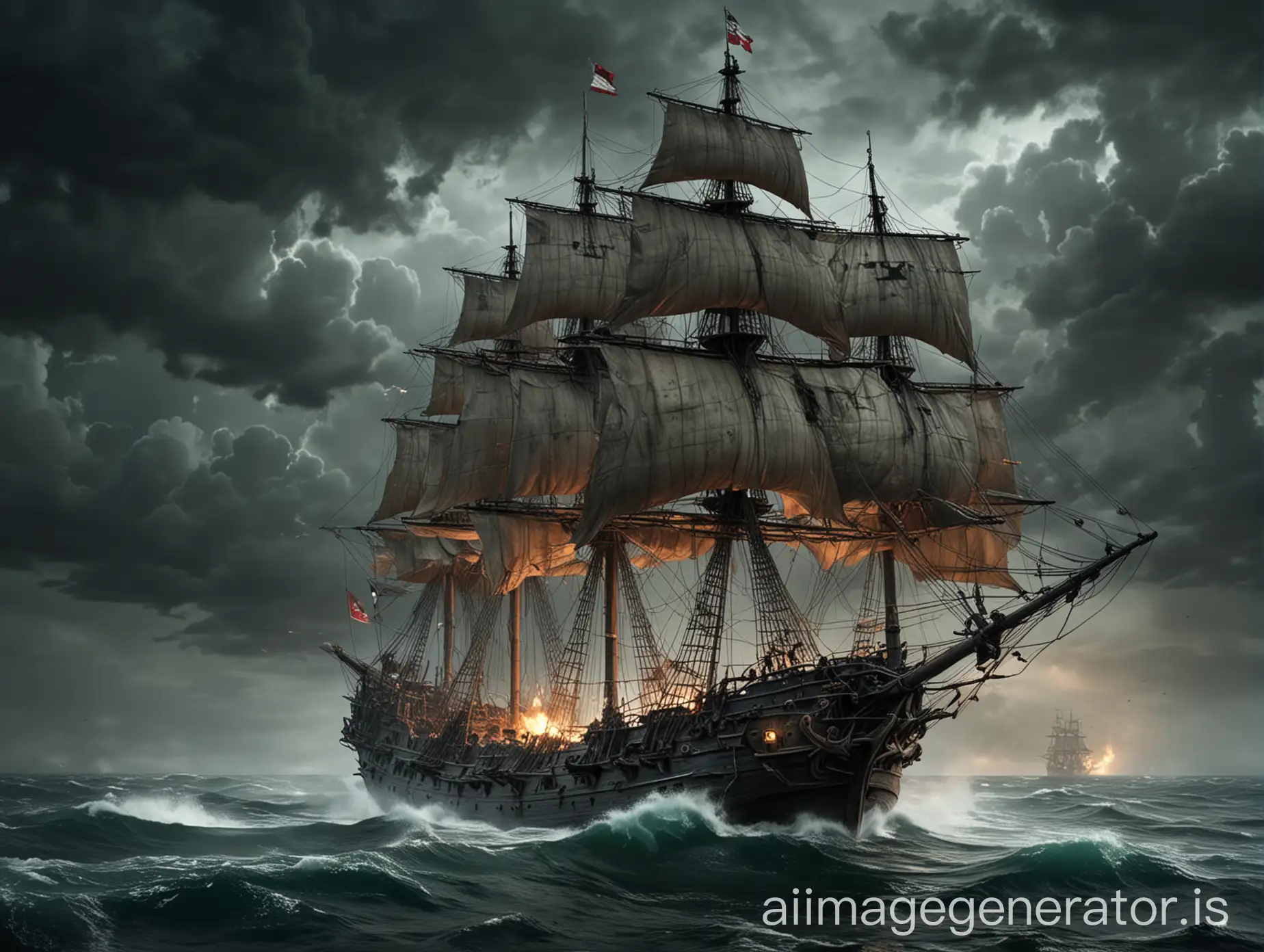 the flying dutchman war ship, ghost ship, sailing in a storm, in battle, firing cannons