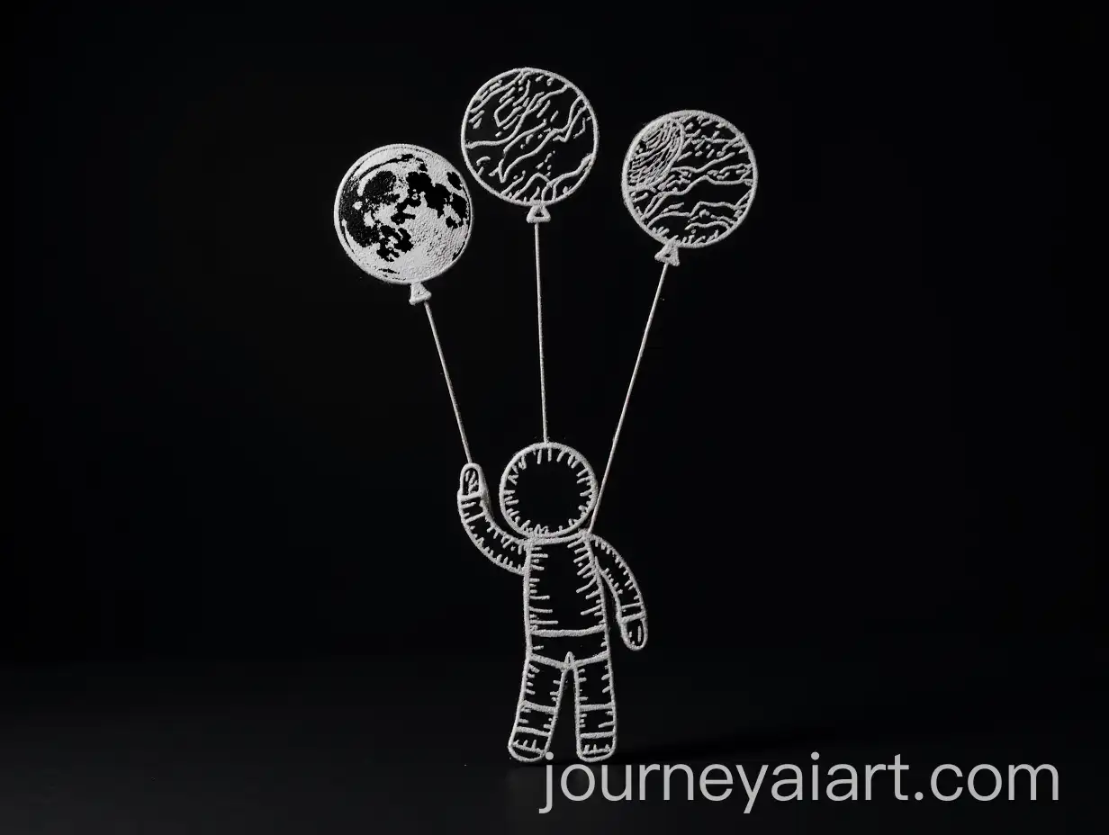WhiteDrawn-Space-Man-Holding-Balloons-Shaped-Like-Earth-Moon-and-Mars-Against-Black-Background