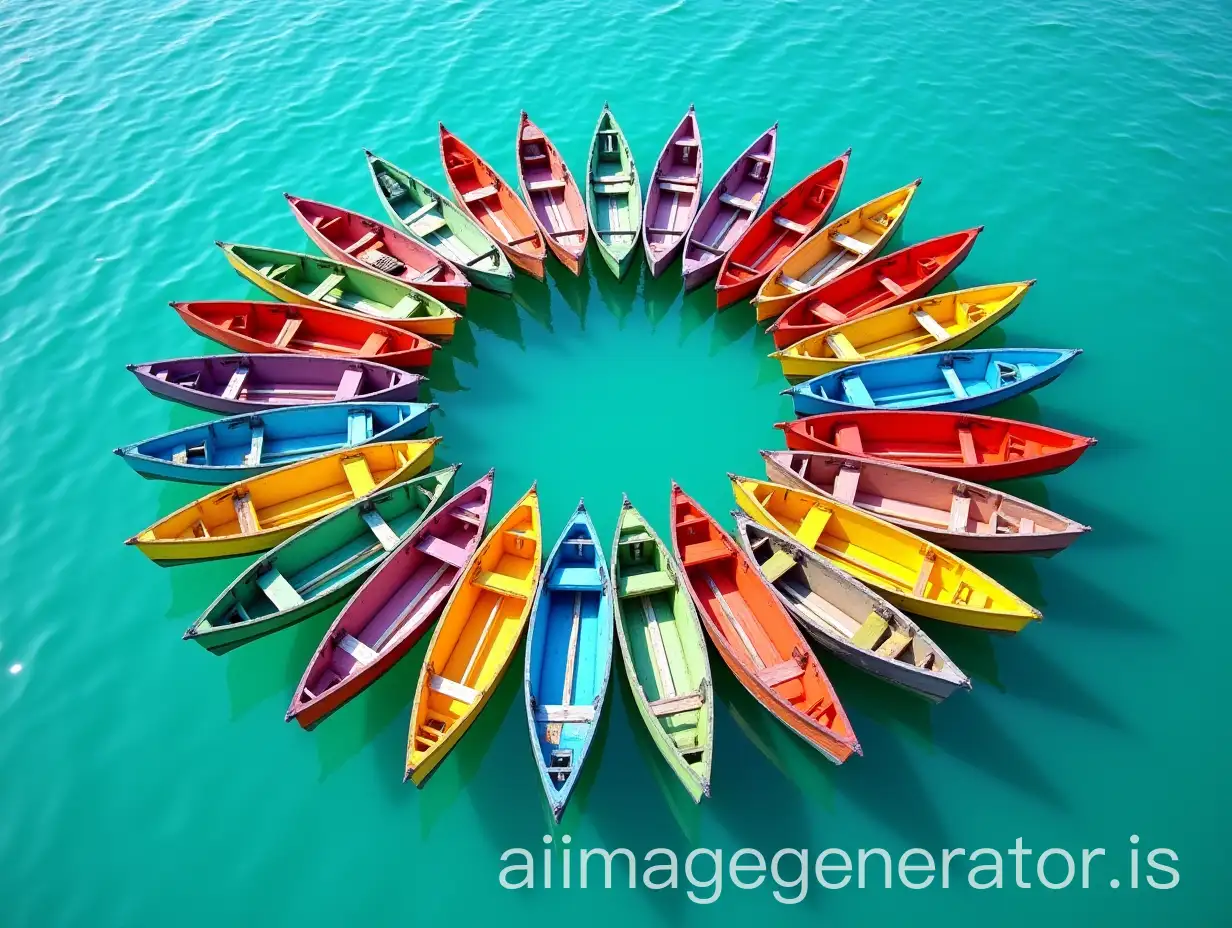 Colorful-Wooden-Rowboats-Circling-on-Calm-Turquoise-Water