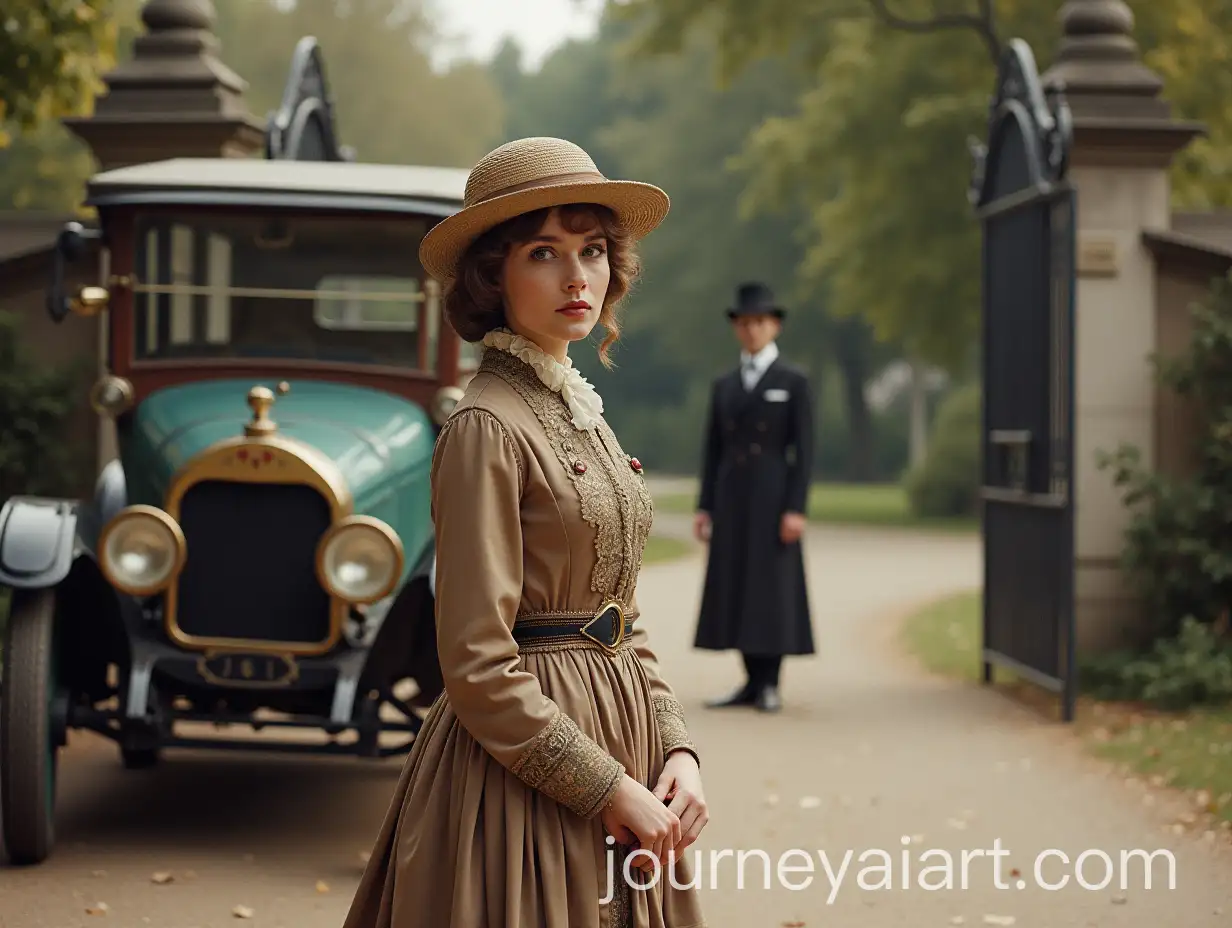 Hungarian-Countess-in-Travel-Costume-with-Early-20th-Century-Car-and-ServantDriver