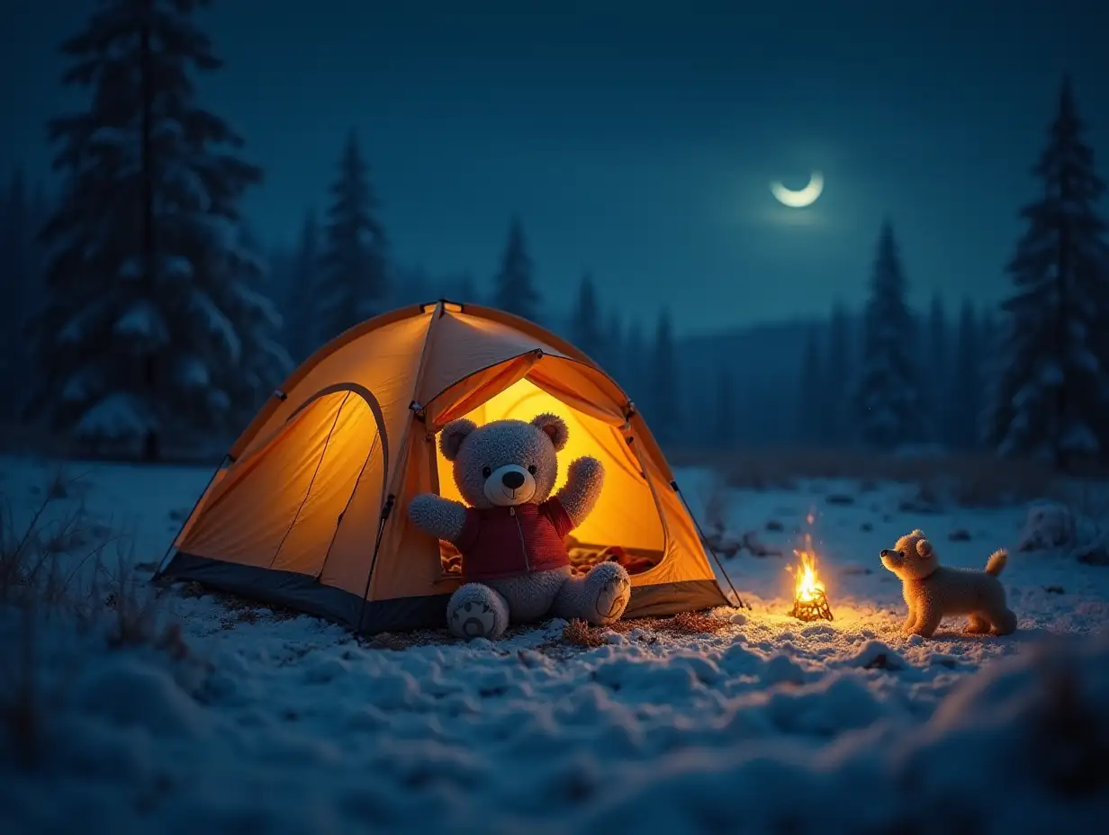 teddy bear sleeping in tent waving with puppy walking and good night sighn