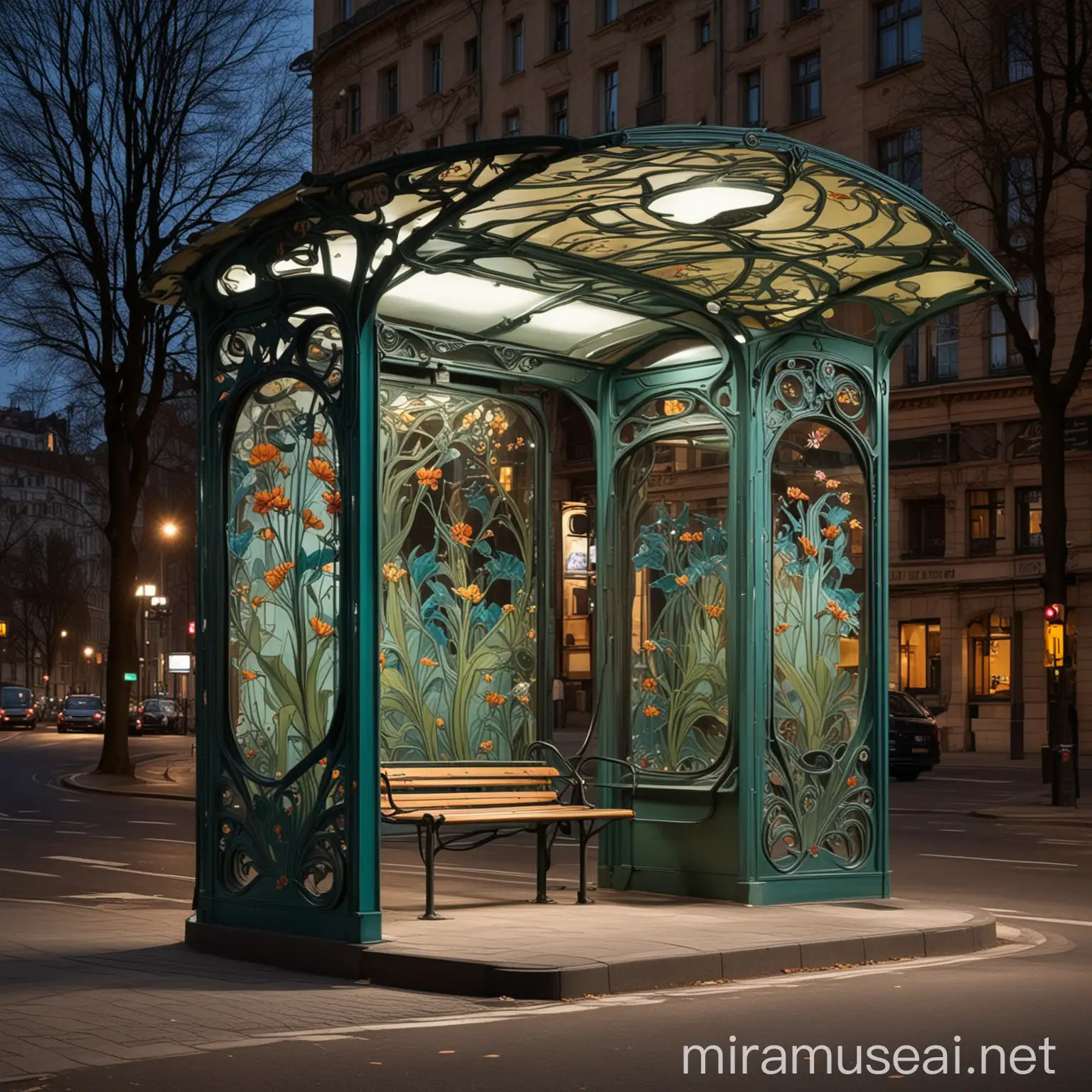 Art NouveauInspired Modern Big Bus Stops Contemporary Urban Landscapes Transformed into Nighttime Icons