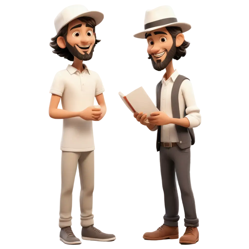 Full-Body-Animated-Jewish-Father-and-Son-Holding-White-Books-in-Friendly-Interaction-PNG-Image