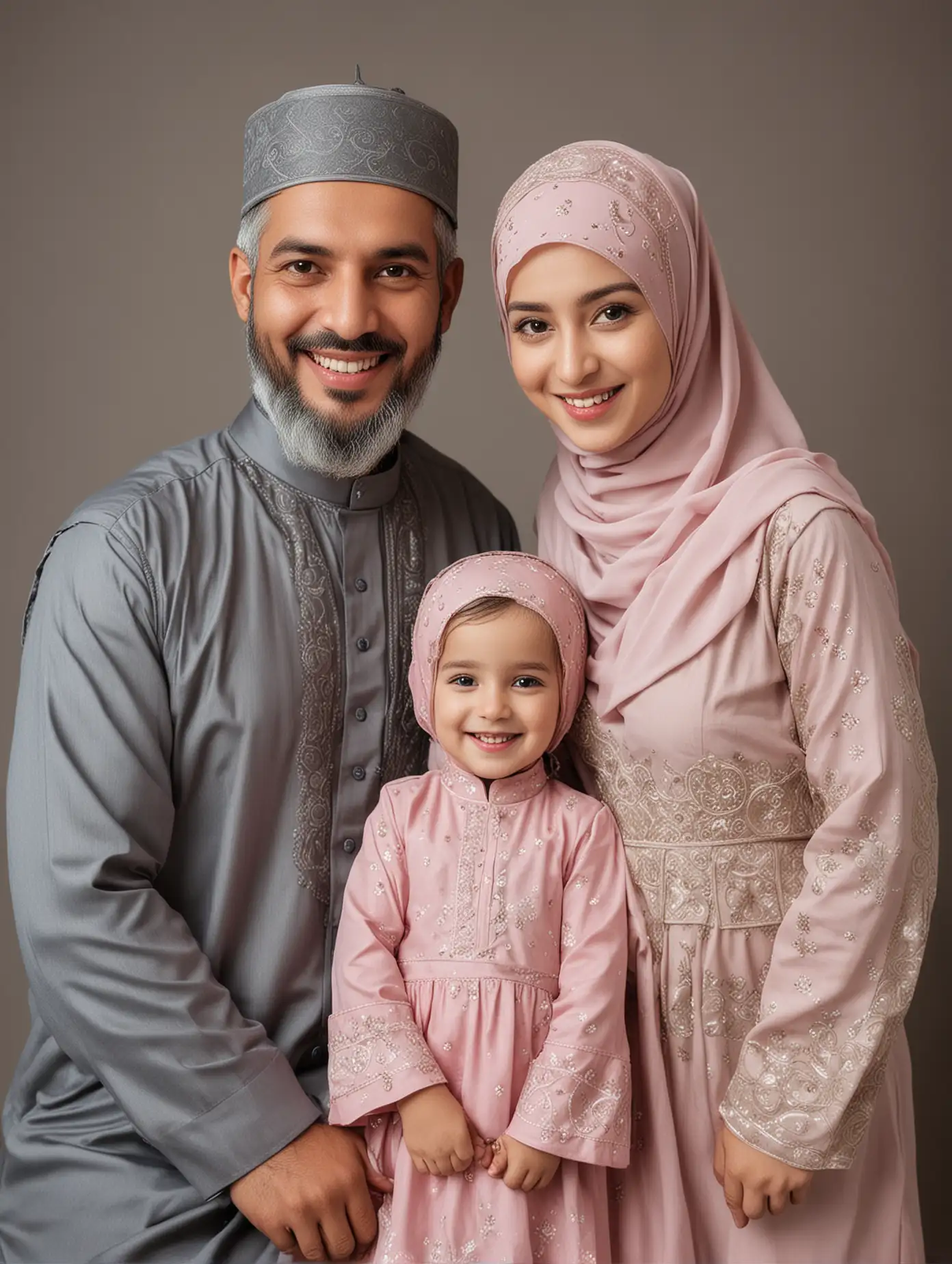 Happy-Family-Portrait-with-Father-Mother-and-Daughter-in-Traditional-Muslim-Clothing