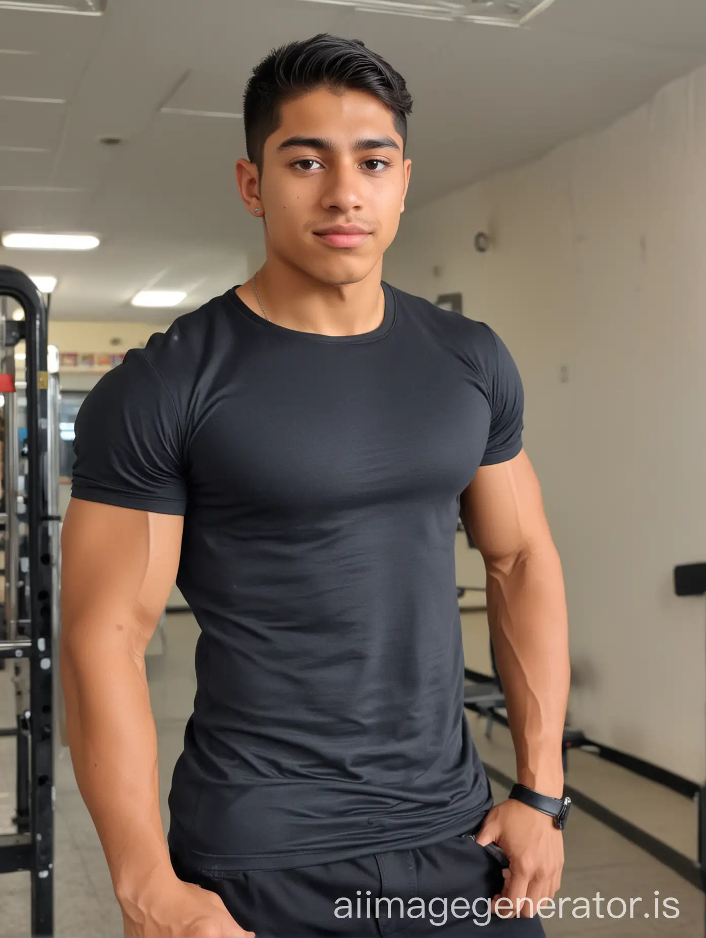 Muscular Mexican teen in tight tshirt at school 4k