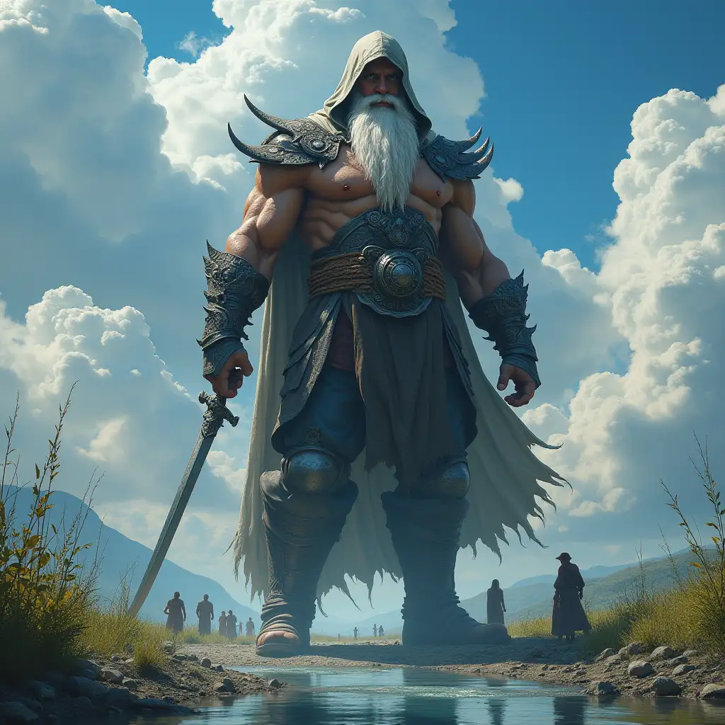 Mega titan 30 meters tall with hood,white long beard with braids clothing to the ground with sword,by the river,plants blue sky,powerful clouds with people