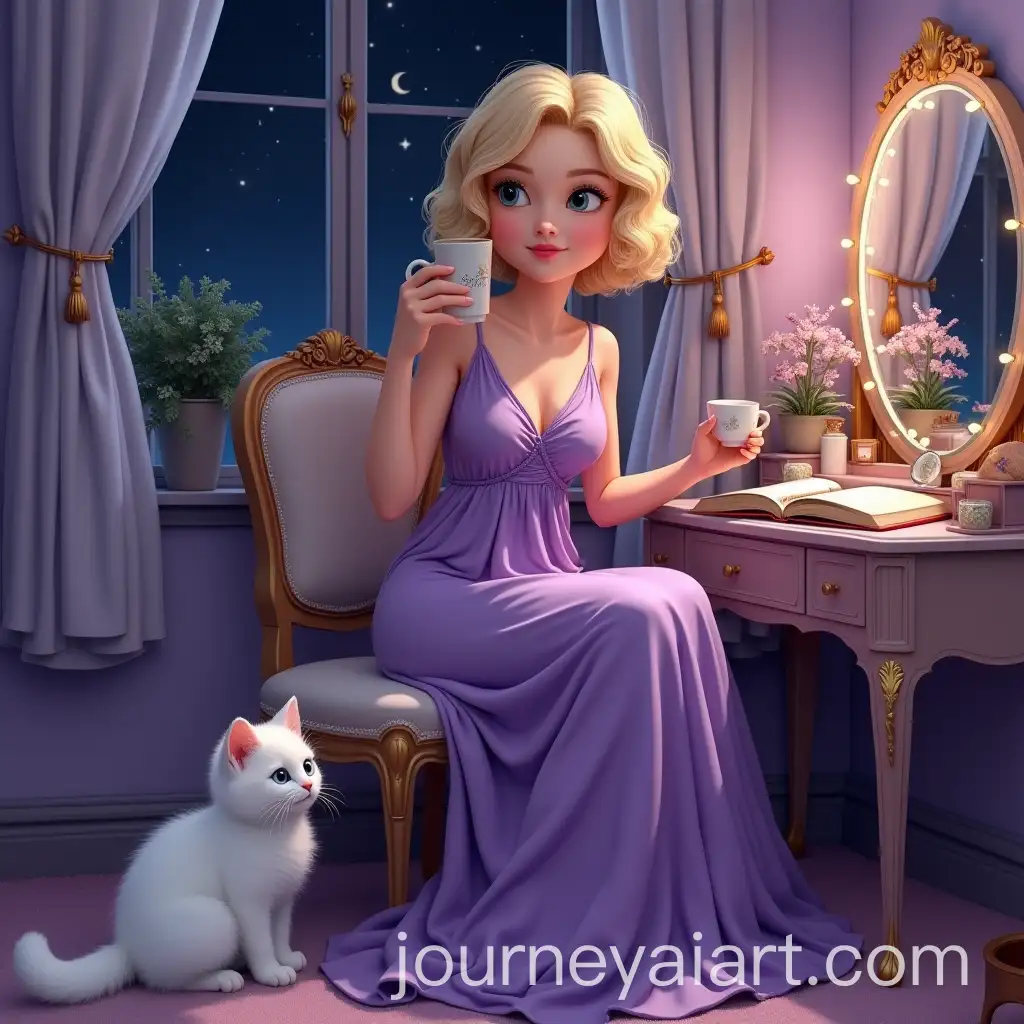 21YearOld-Caucasian-Girl-in-Purple-Gown-Sipping-Coffee-with-Kitten-in-Cozy-Room