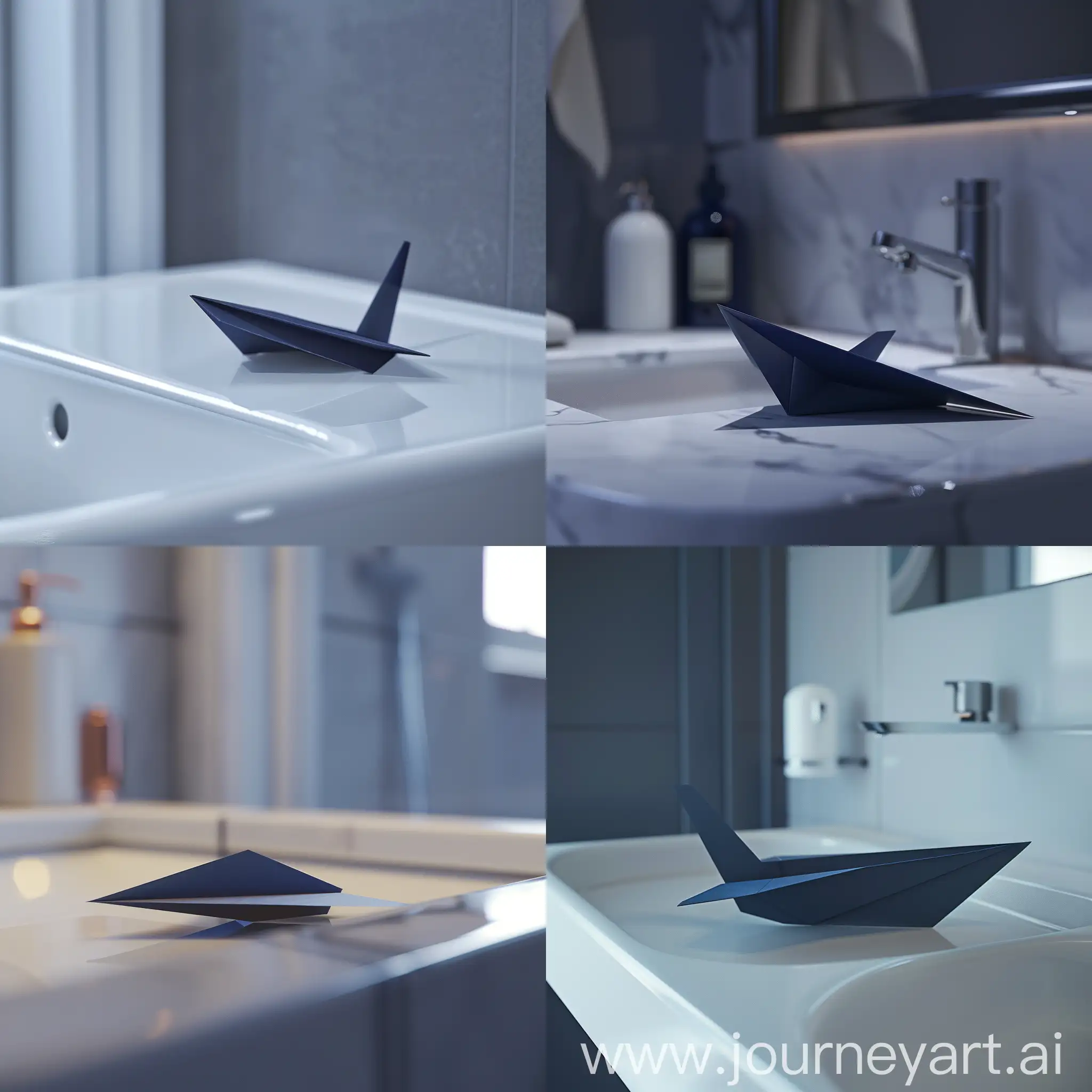 Dark-Blue-Paper-Airplane-on-White-Sink