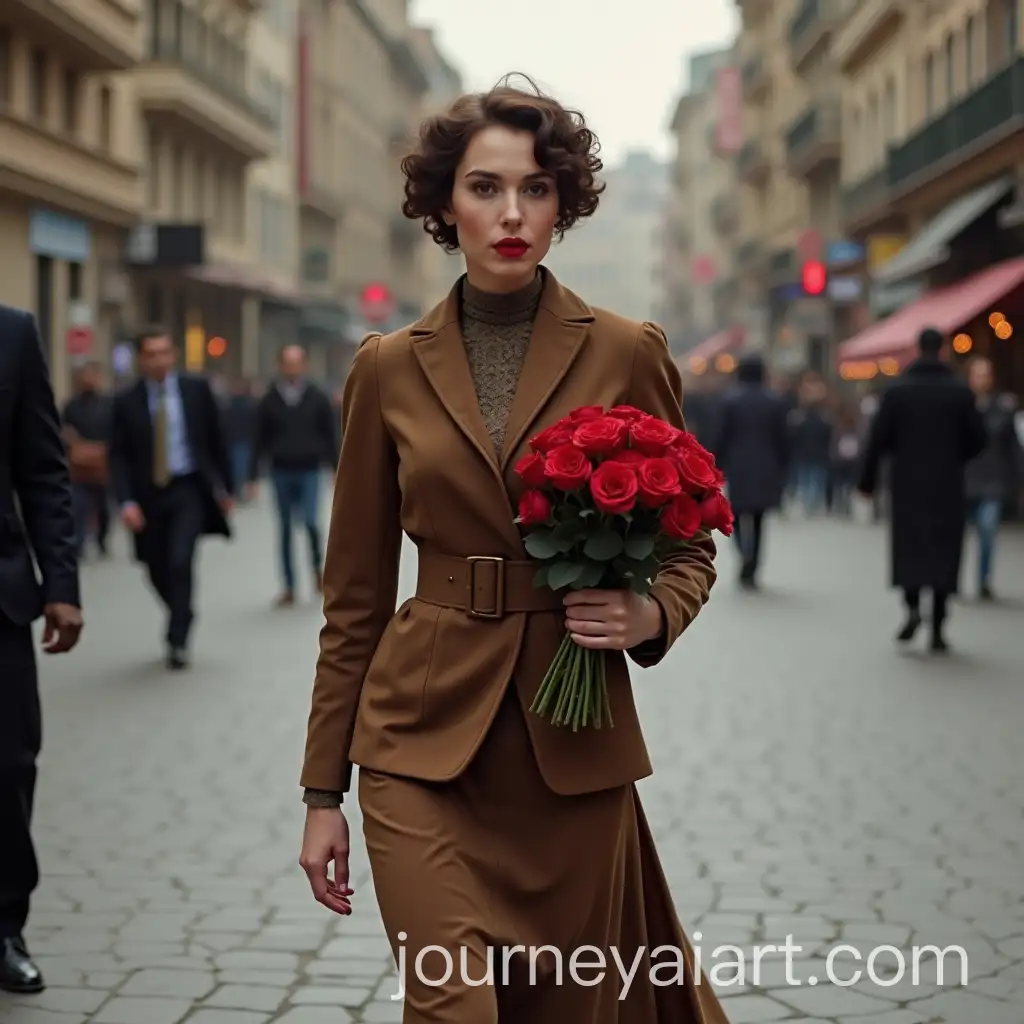 European-Woman-in-1900-Brown-Dress-with-Red-Roses-on-Vali-Asr-Street-Tehran