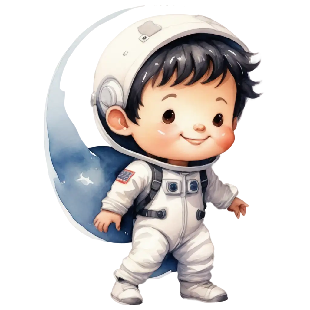 Baby tender boy astronaut with fair skin, straight black hair, rosy cheeks, white spacesuit style watercolor smiling illustration watercolor