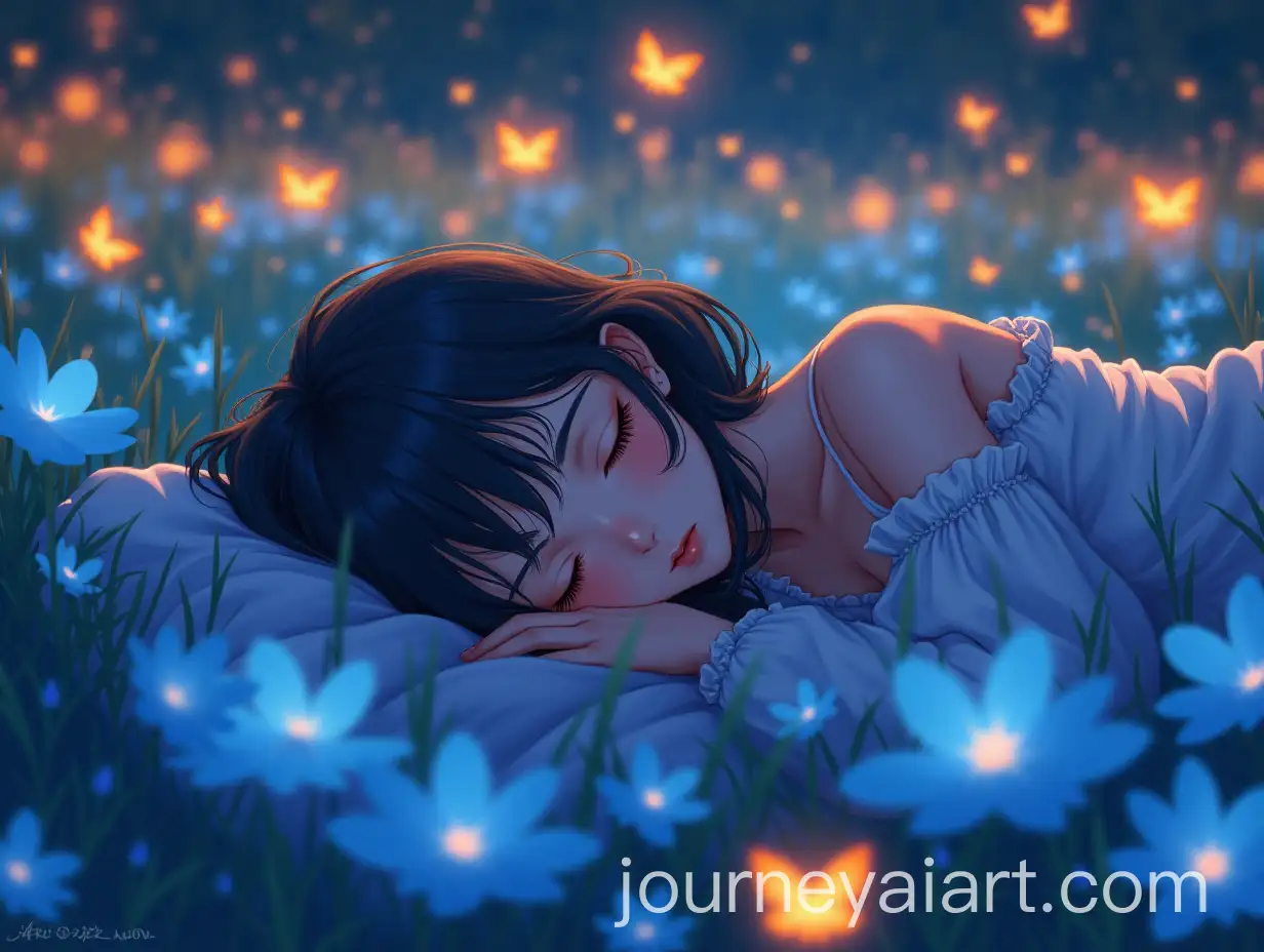 Anime-Girl-Sleeping-Peacefully-in-a-Field-of-Glowing-Blue-Flowers-with-Butterflies