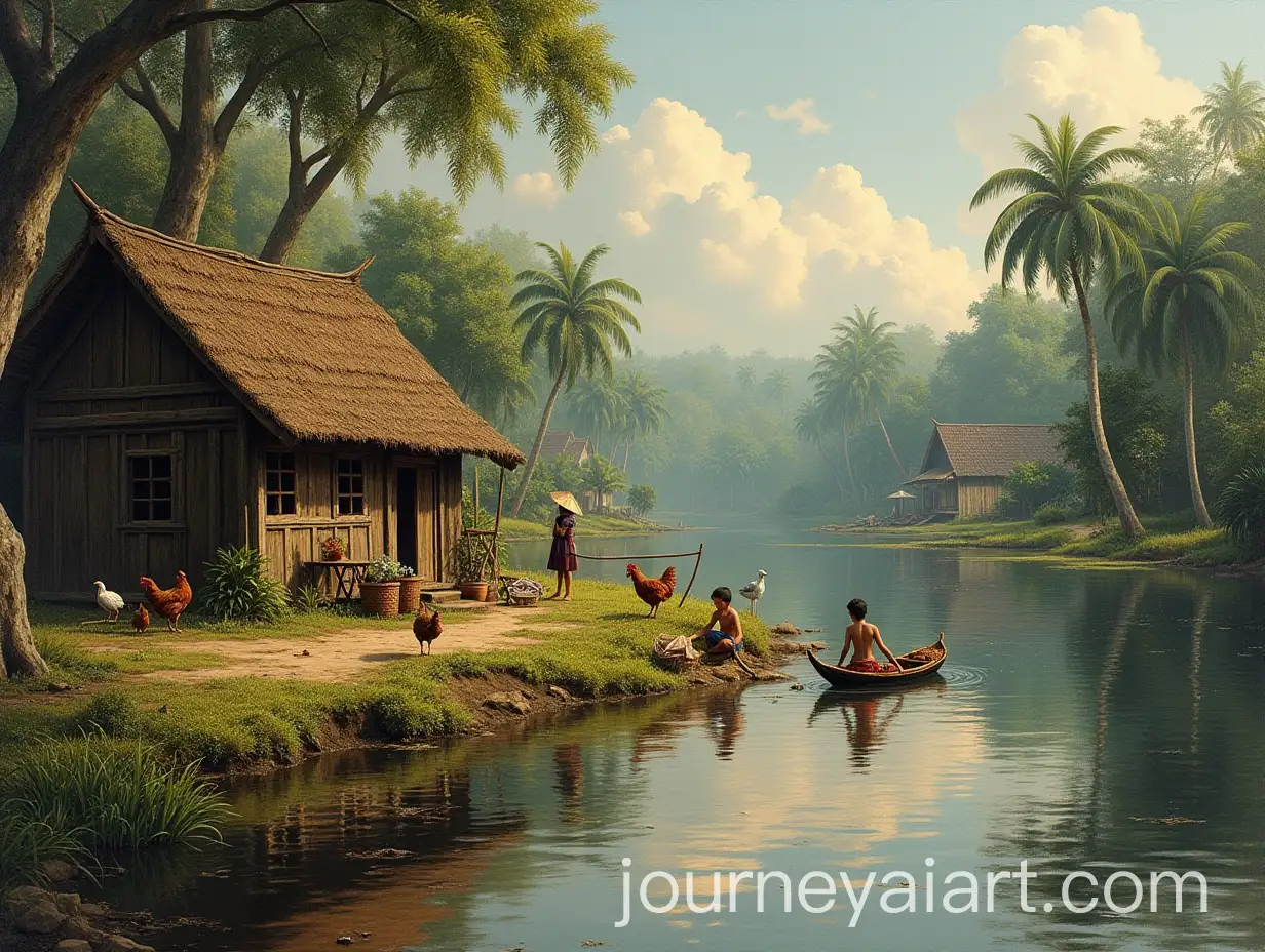 Traditional-Malay-Kampung-in-the-1650s-with-River-Children-and-Birds