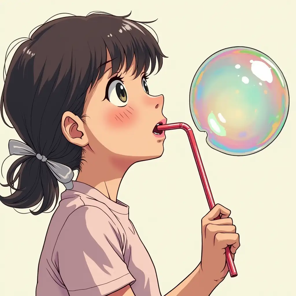 Girl-Blowing-a-Giant-Iridescent-Soap-Bubble-with-a-Straw-in-Classic-Manga-Style