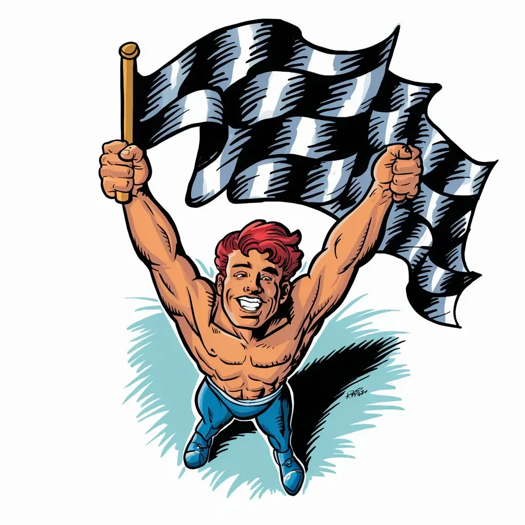 Man Holding Checkered Flag in Comic Book Style