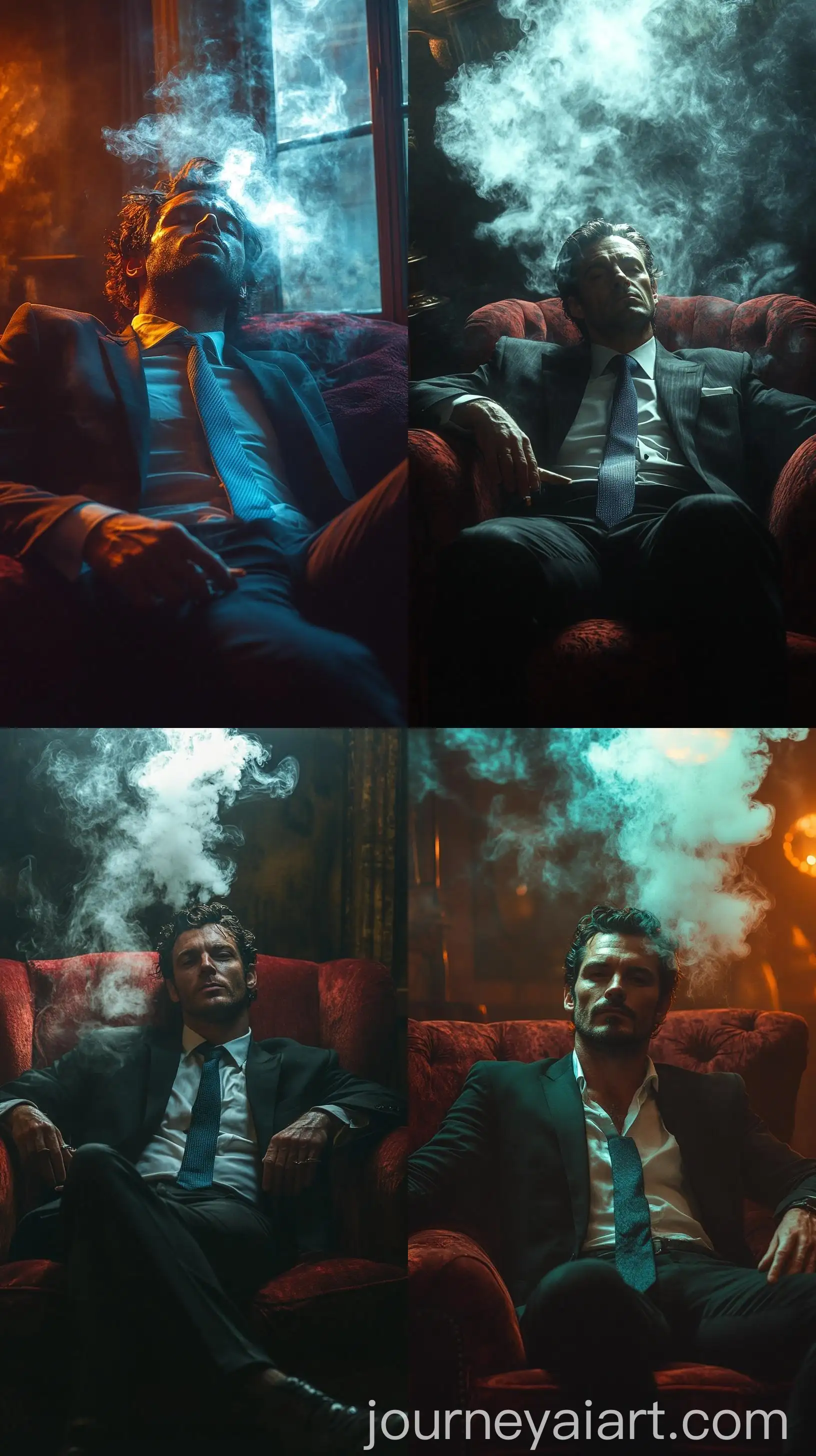 Dark-Cinematic-Portrait-of-a-Red-Devil-Smoking-on-Rustic-Couch