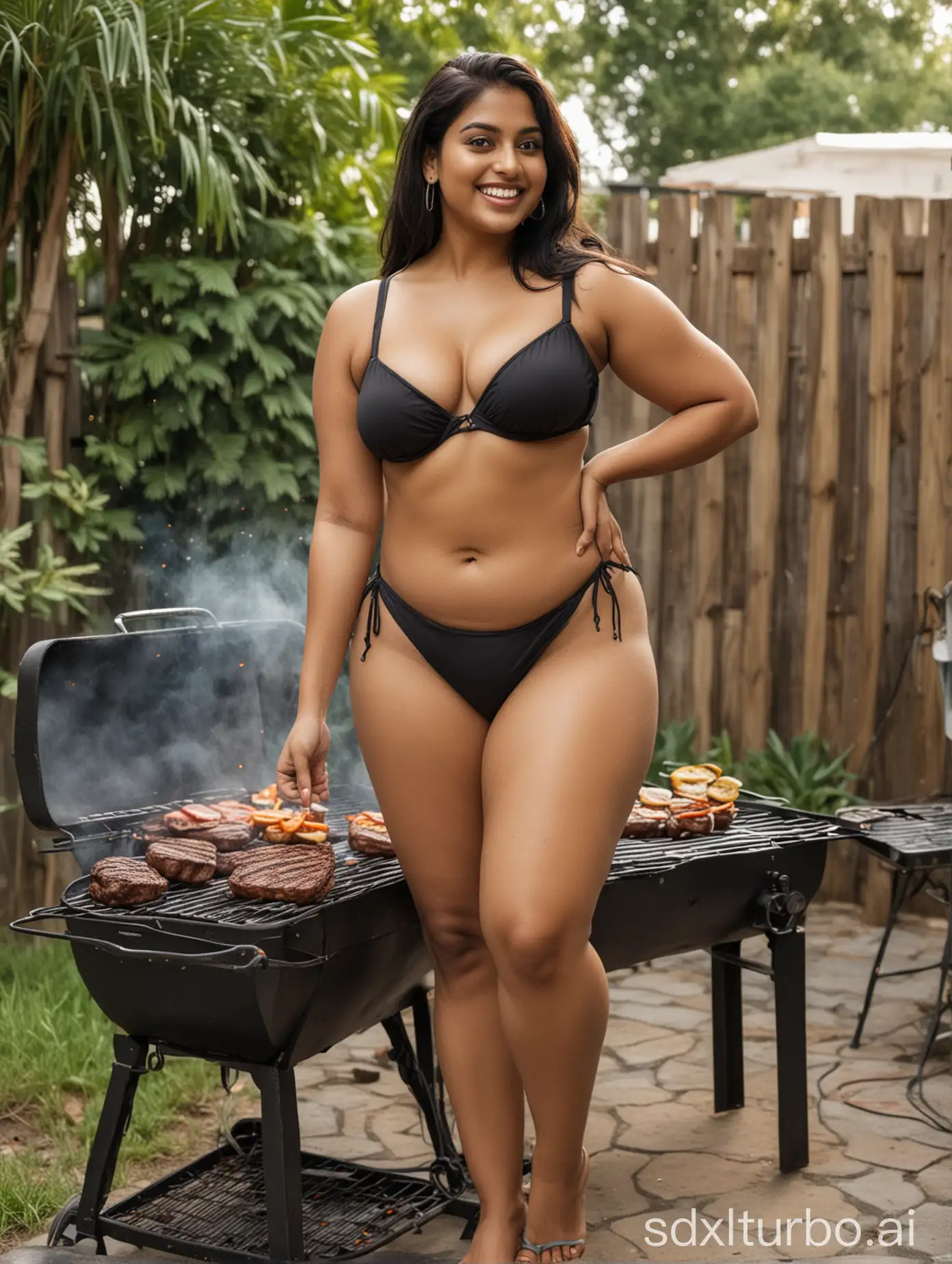 Curvy-Indian-Woman-in-String-Bikini-Grilling-Barbecue-Steaks-in-Backyard